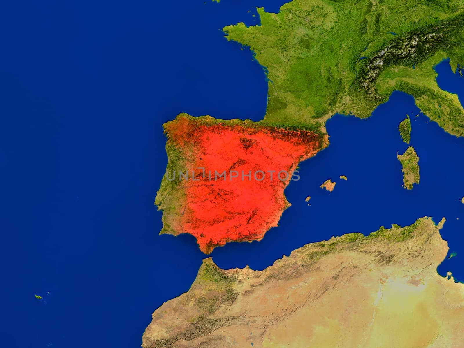 Top-down view of Spain hightlighted in red as seen from Earth's orbit in space. 3D illustration with highly detailed realistic planet surface. Elements of this image furnished by NASA.