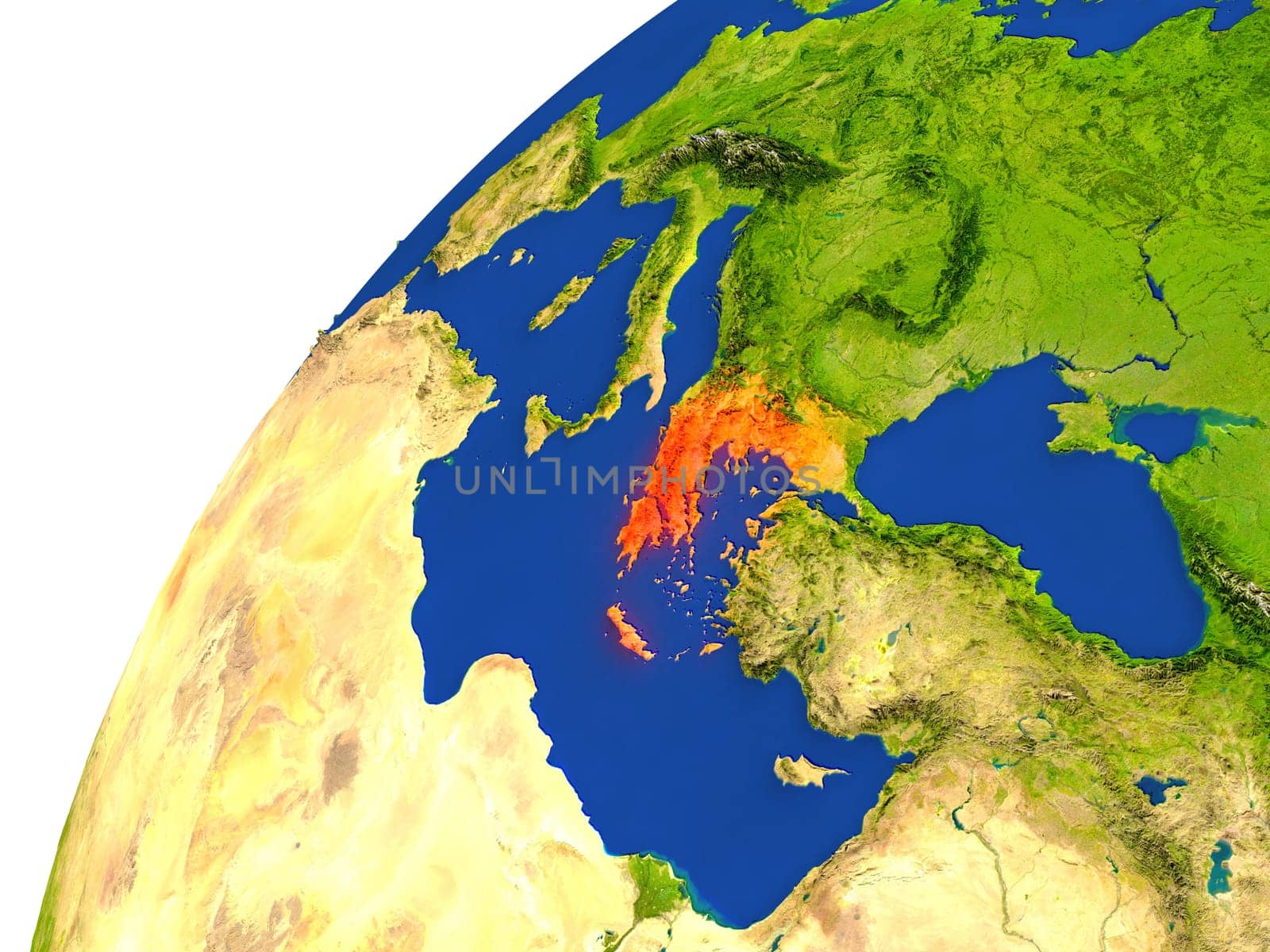 Greece highlighted in red as seen from Earth's orbit in space. 3D illustration with highly detailed realistic planet surface. Elements of this image furnished by NASA.