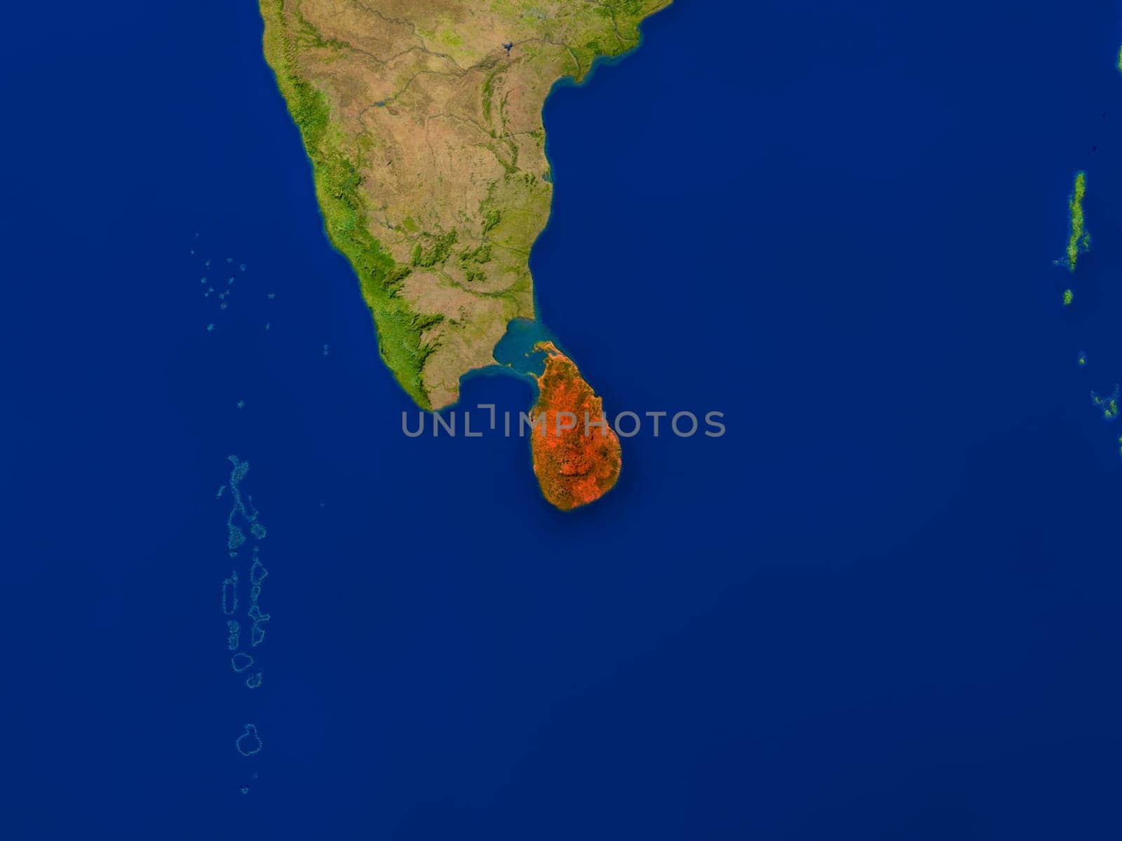 Top-down view of Sri Lanka hightlighted in red as seen from Earth's orbit in space. 3D illustration with highly detailed realistic planet surface. Elements of this image furnished by NASA.