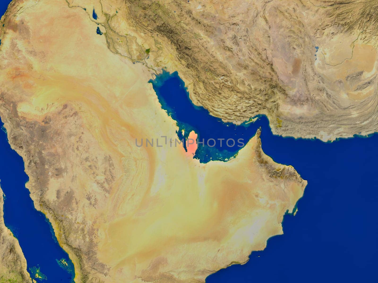 Top-down view of Qatar hightlighted in red as seen from Earth's orbit in space. 3D illustration with highly detailed realistic planet surface. Elements of this image furnished by NASA.