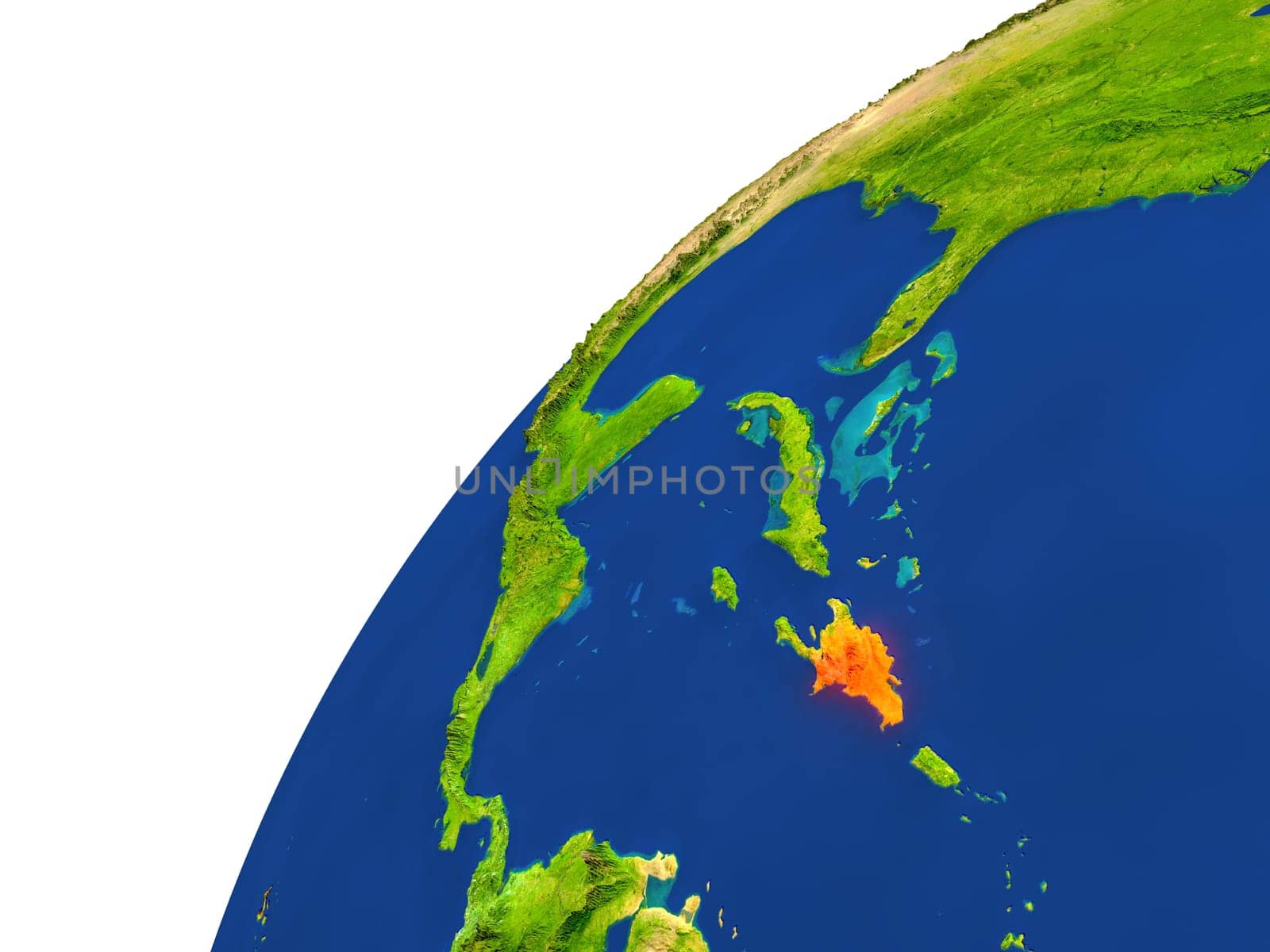 Dominican Republic highlighted in red as seen from Earth's orbit in space. 3D illustration with highly detailed realistic planet surface. Elements of this image furnished by NASA.