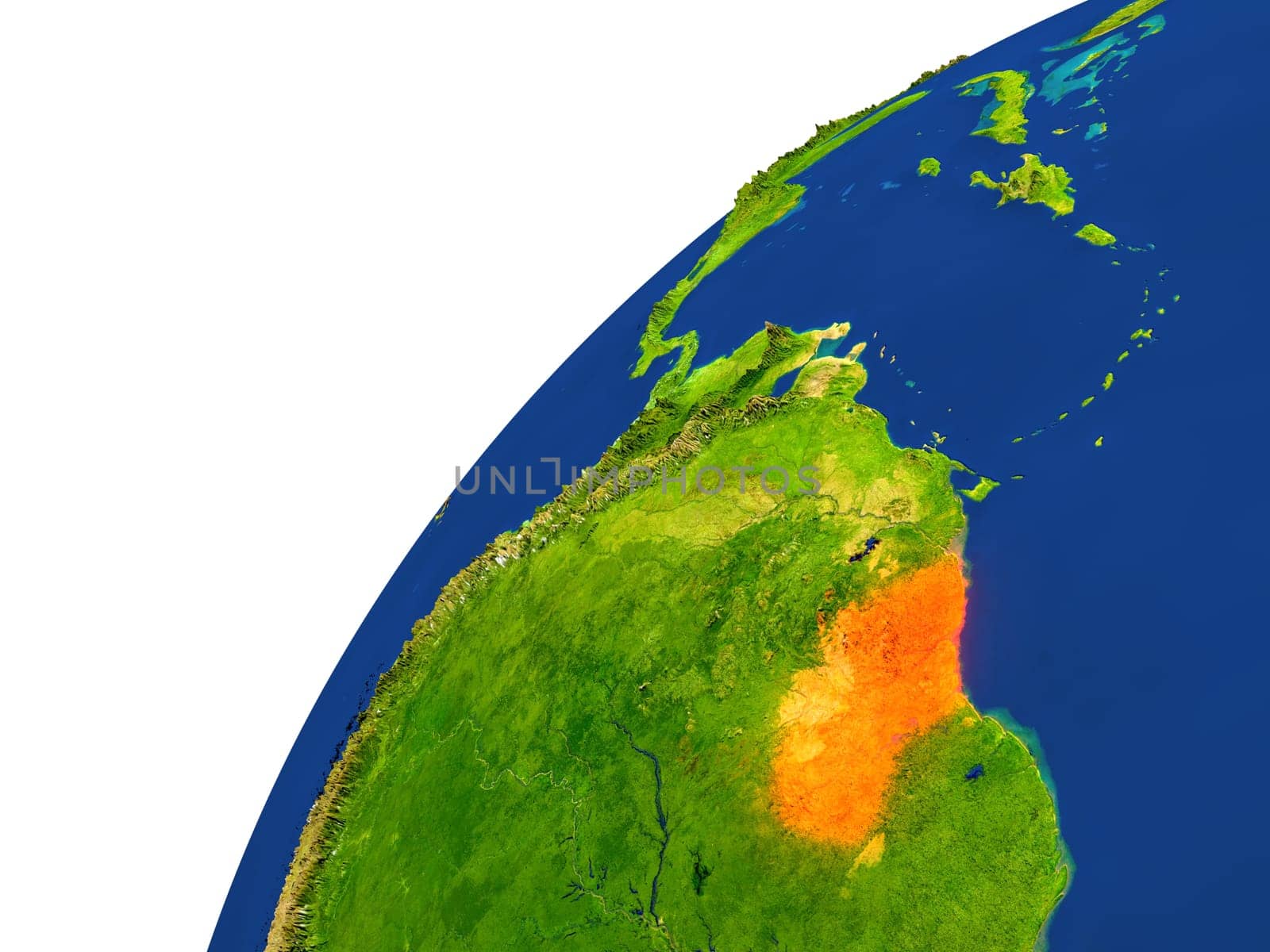 Guyana highlighted in red as seen from Earth's orbit in space. 3D illustration with highly detailed realistic planet surface. Elements of this image furnished by NASA.