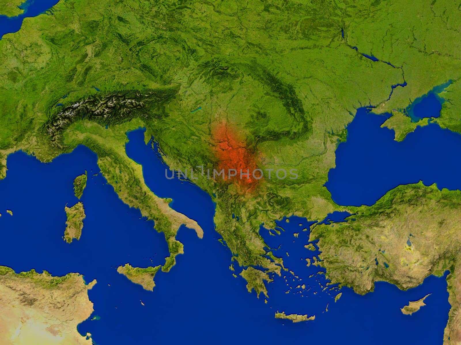 Top-down view of Serbia hightlighted in red as seen from Earth's orbit in space. 3D illustration with highly detailed realistic planet surface. Elements of this image furnished by NASA.