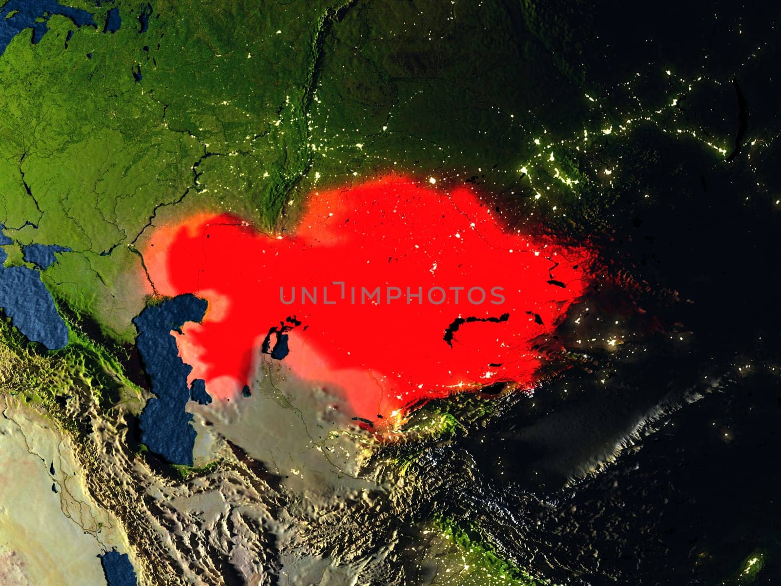 Kazakhstan in red at night as seen from Earth's orbit in space. 3D illustration with highly detailed realistic planet surface. Elements of this image furnished by NASA.