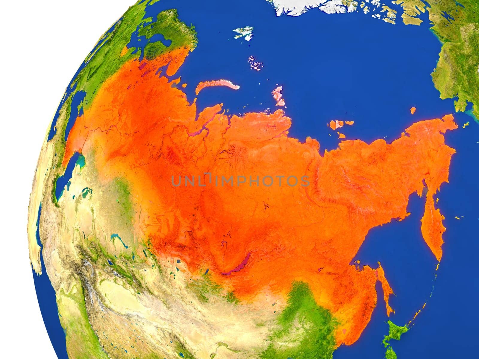 Russia highlighted in red as seen from Earth's orbit in space. 3D illustration with highly detailed realistic planet surface. Elements of this image furnished by NASA.