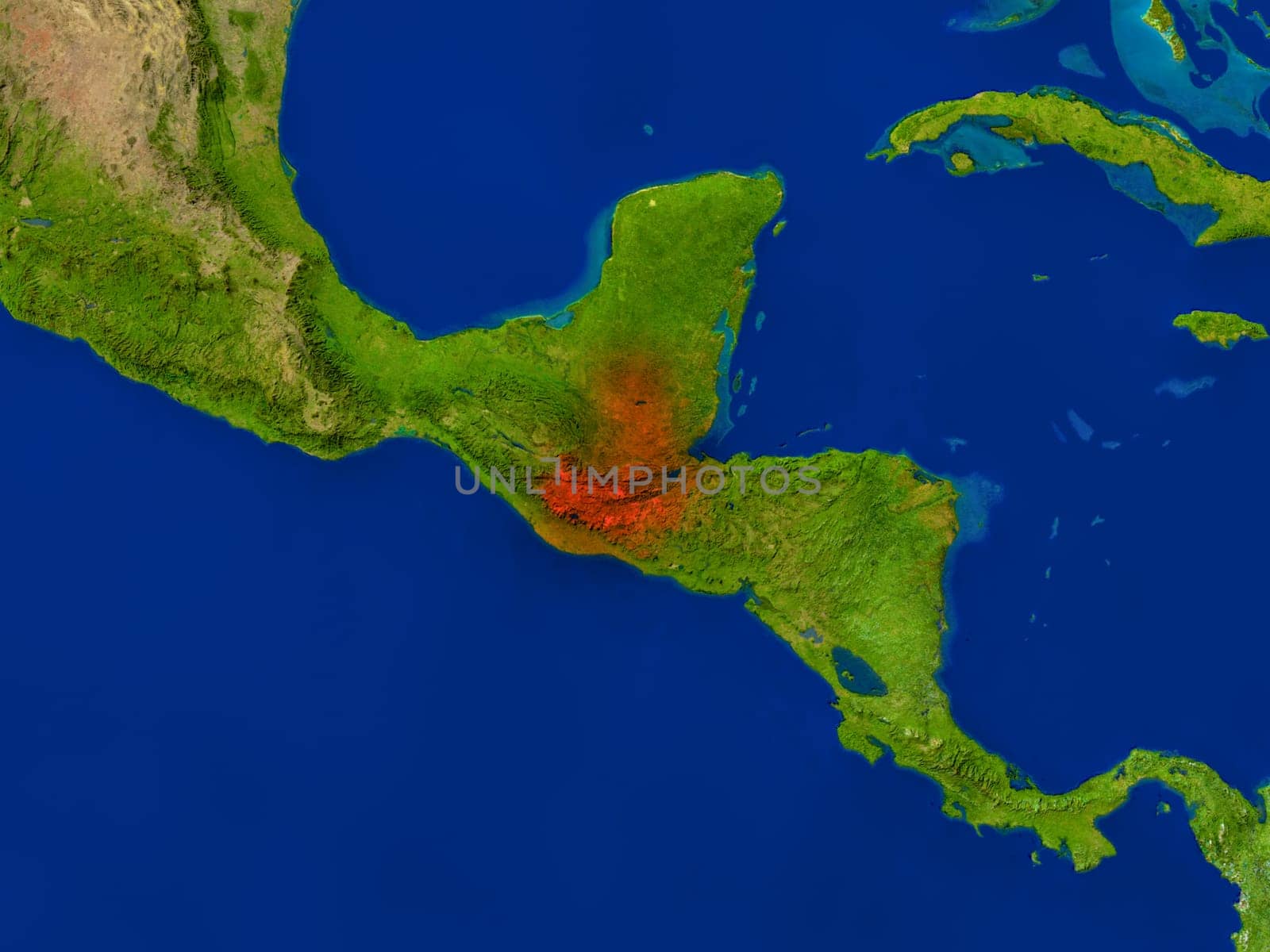 Top-down view of Guatemala hightlighted in red as seen from Earth's orbit in space. 3D illustration with highly detailed realistic planet surface. Elements of this image furnished by NASA.