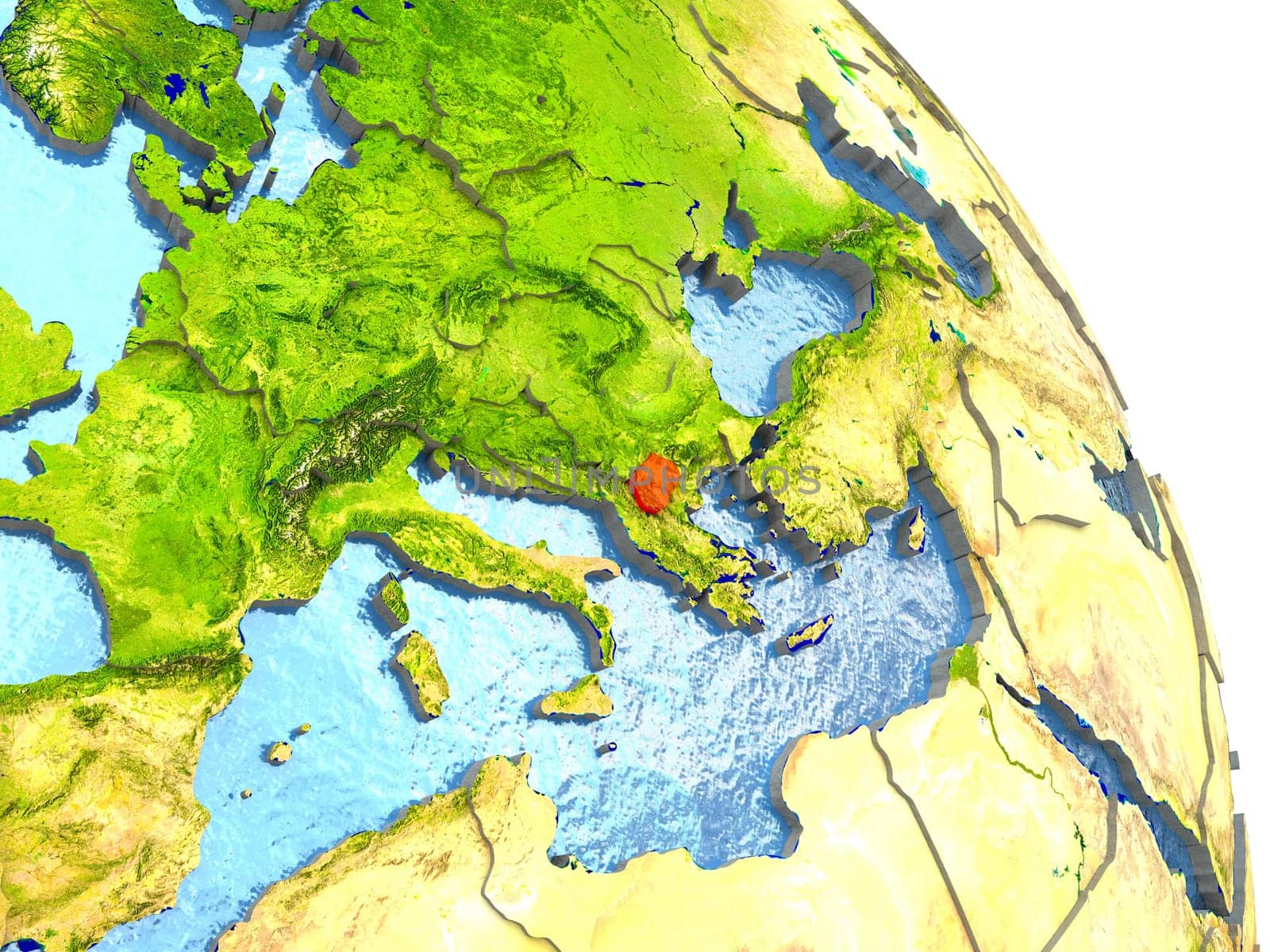 Macedonia in red with surrounding region. 3D illustration with highly detailed realistic planet surface. Elements of this image furnished by NASA.