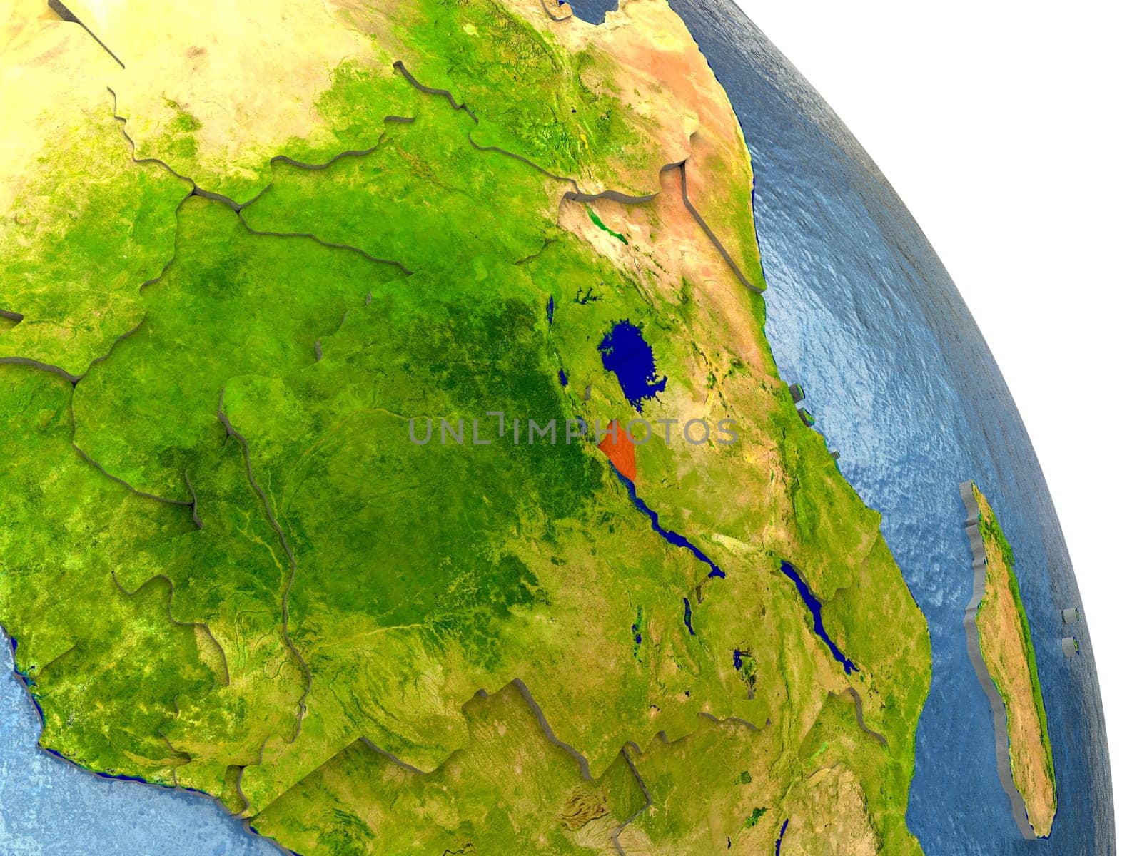 Burundi in red with surrounding region. 3D illustration with highly detailed realistic planet surface. Elements of this image furnished by NASA.