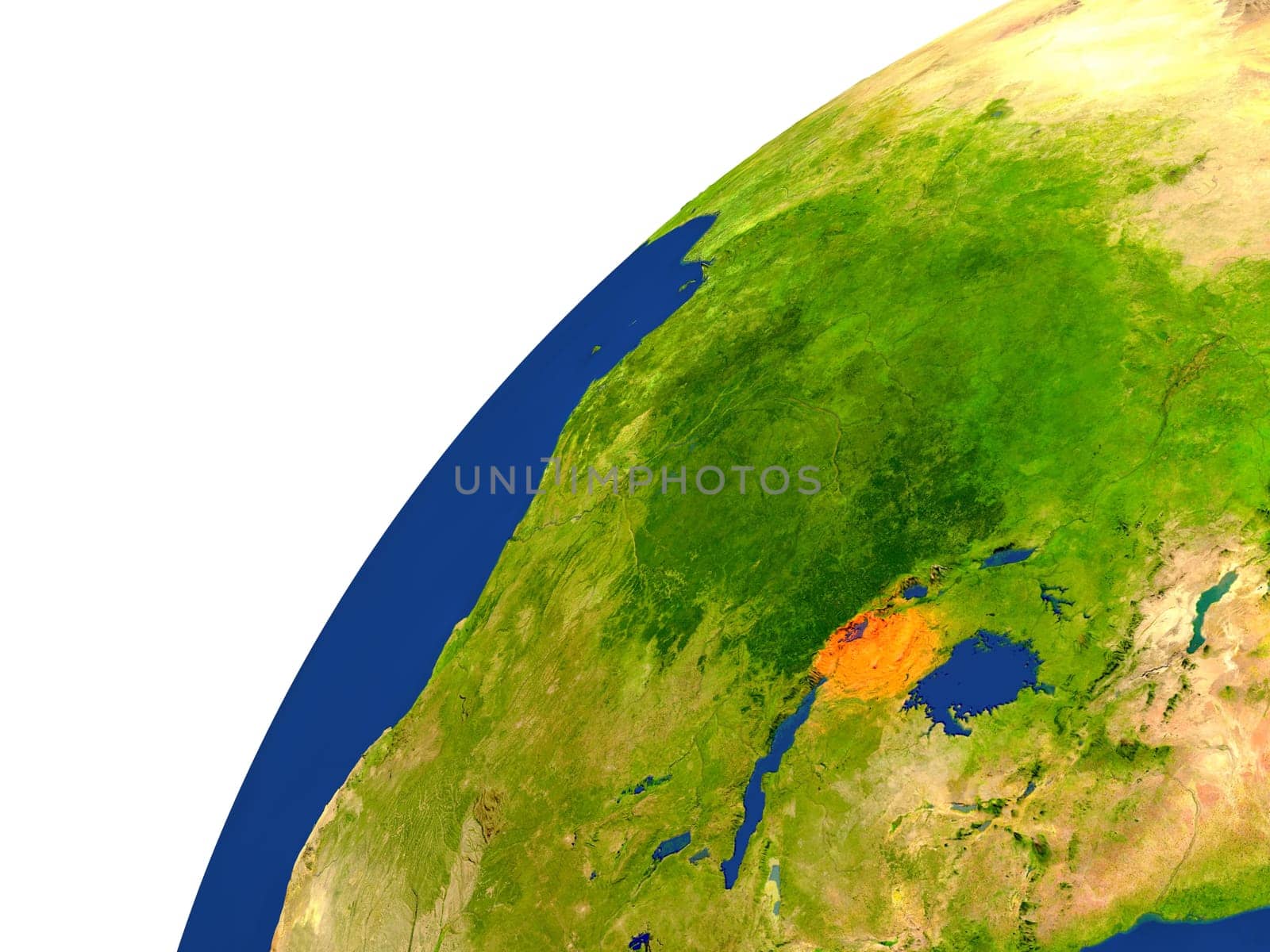 Rwanda highlighted in red as seen from Earth's orbit in space. 3D illustration with highly detailed realistic planet surface. Elements of this image furnished by NASA.