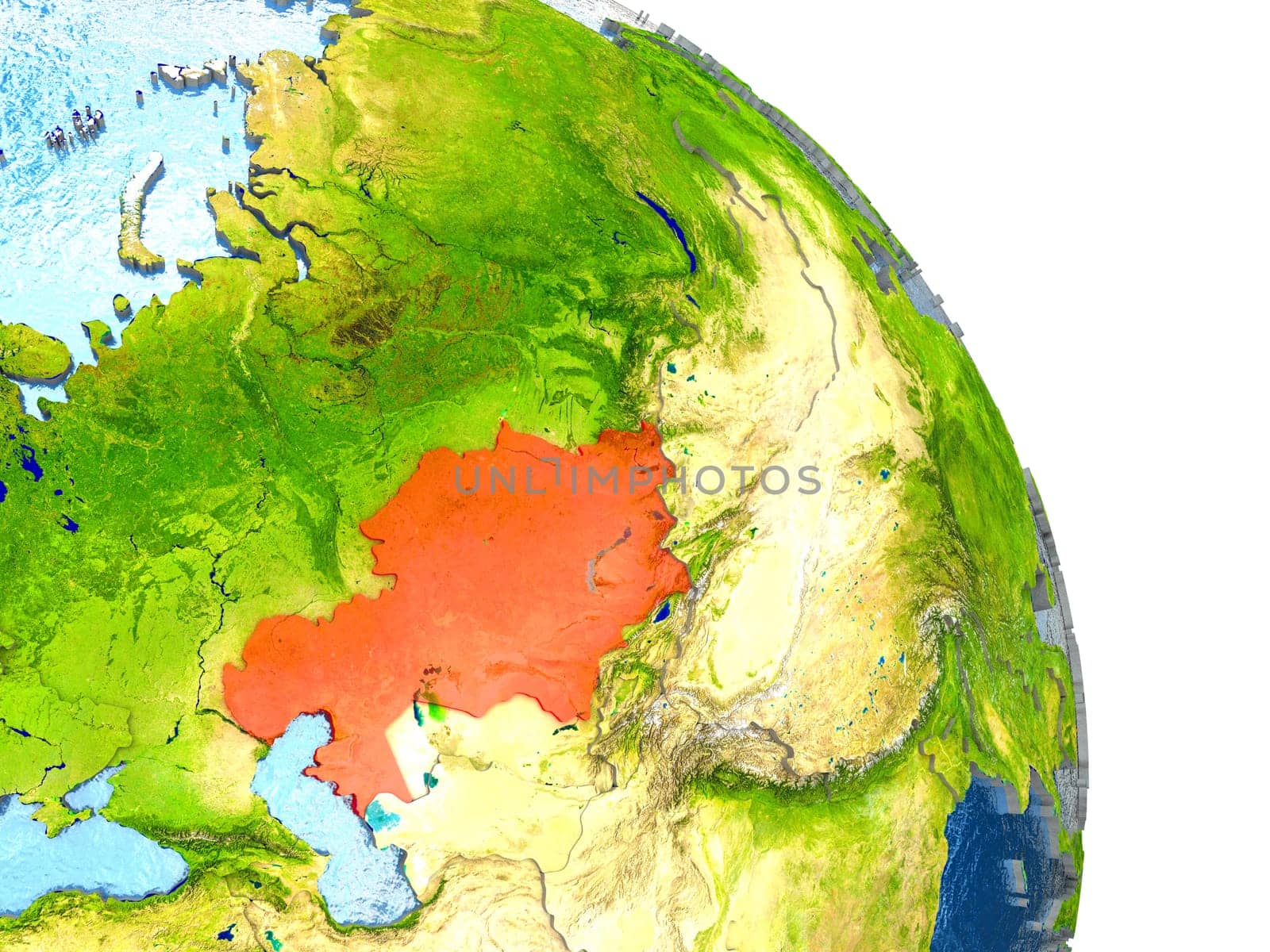 Kazakhstan in red with surrounding region. 3D illustration with highly detailed realistic planet surface. Elements of this image furnished by NASA.