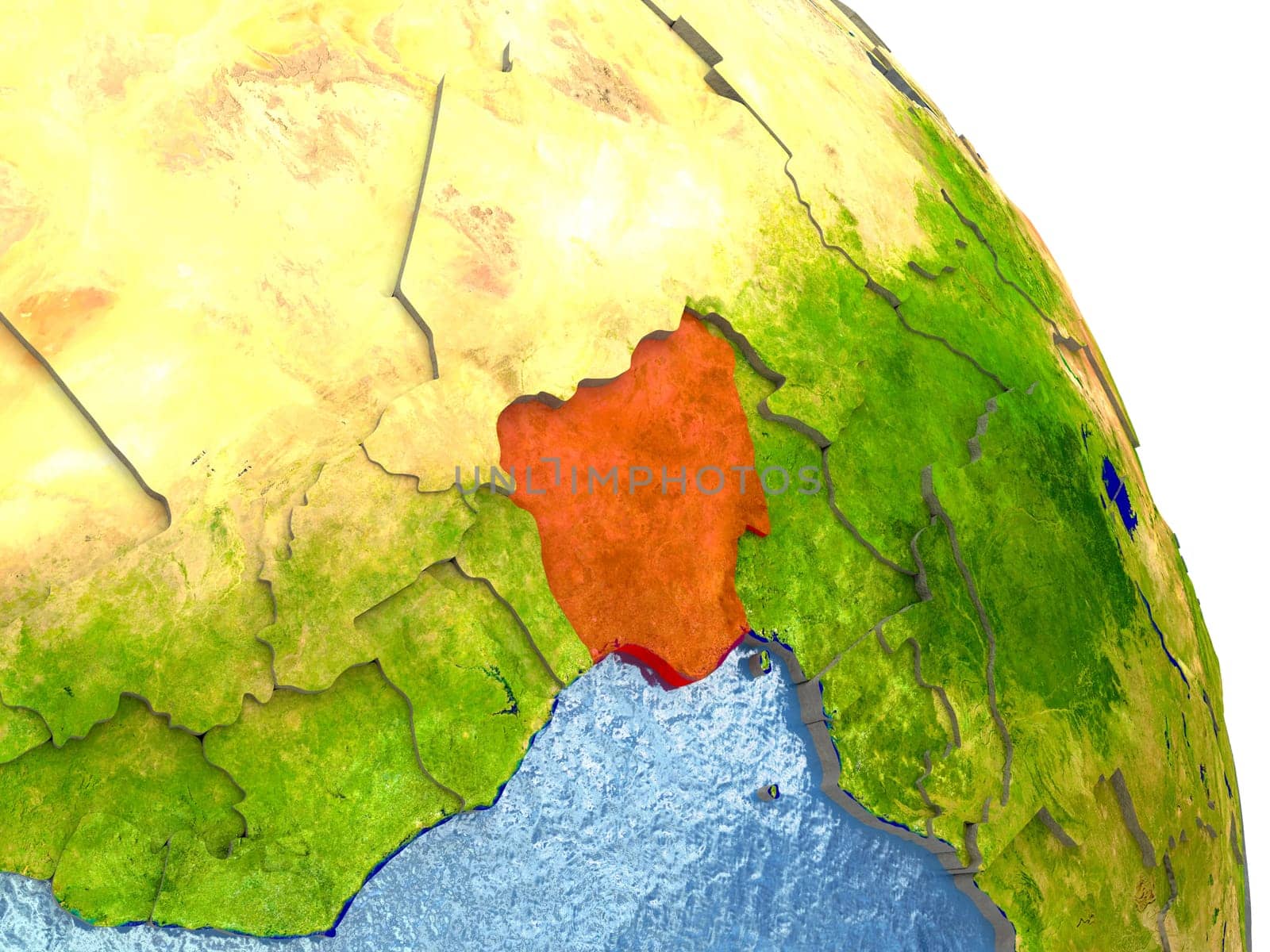 Nigeria in red with surrounding region. 3D illustration with highly detailed realistic planet surface. Elements of this image furnished by NASA.