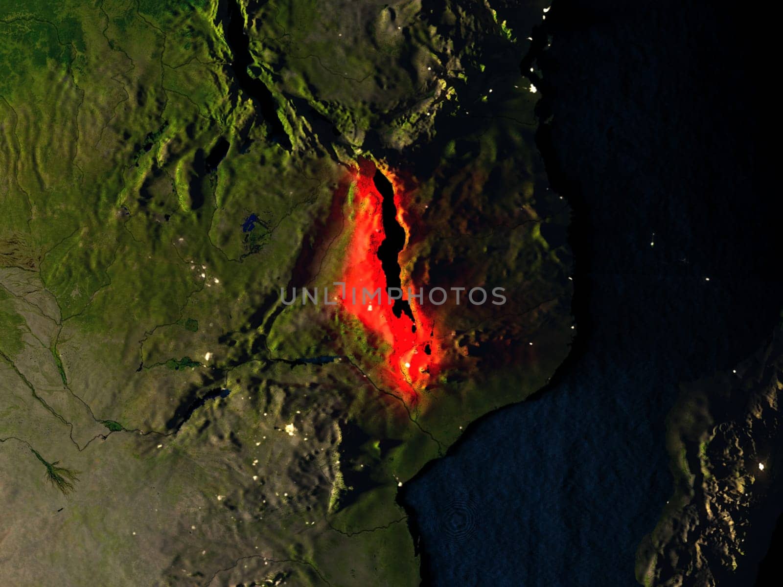 Malawi in red at night as seen from Earth's orbit in space. 3D illustration with highly detailed realistic planet surface. Elements of this image furnished by NASA.