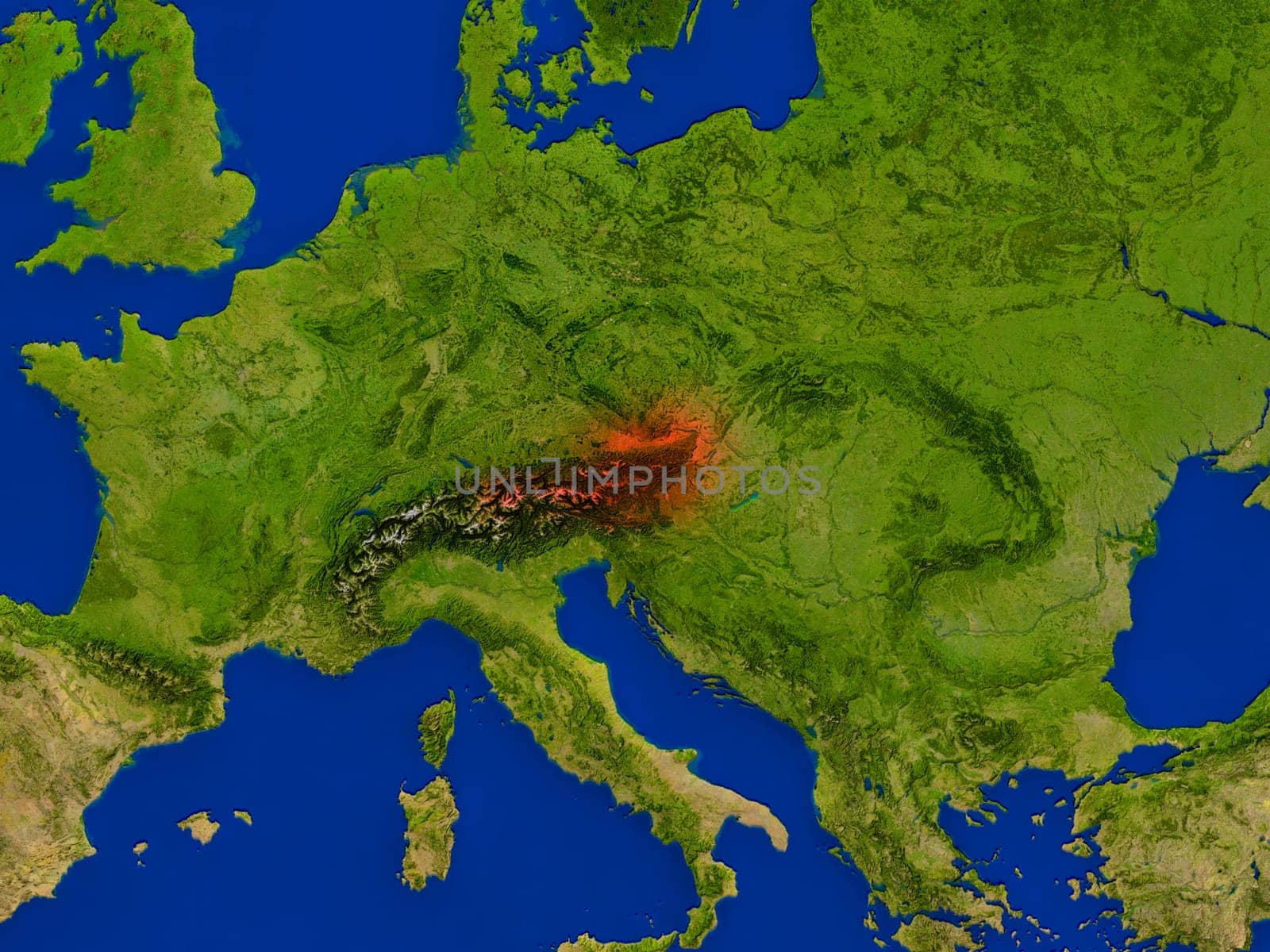 Top-down view of Austria hightlighted in red as seen from Earth's orbit in space. 3D illustration with highly detailed realistic planet surface. Elements of this image furnished by NASA.