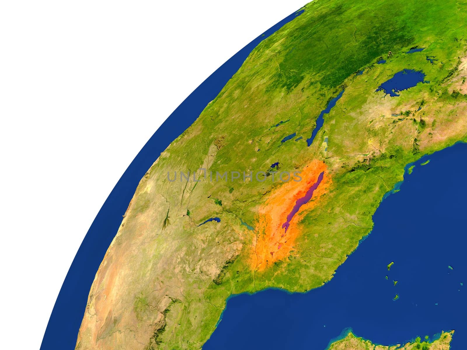 Malawi highlighted in red as seen from Earth's orbit in space. 3D illustration with highly detailed realistic planet surface. Elements of this image furnished by NASA.