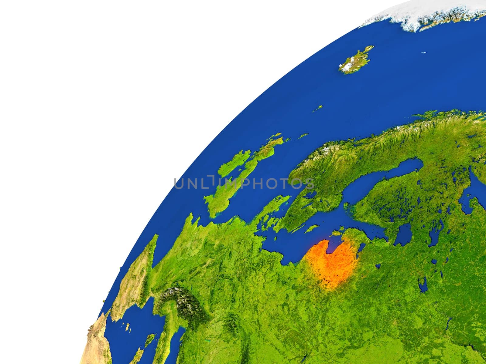 Latvia highlighted in red as seen from Earth's orbit in space. 3D illustration with highly detailed realistic planet surface. Elements of this image furnished by NASA.