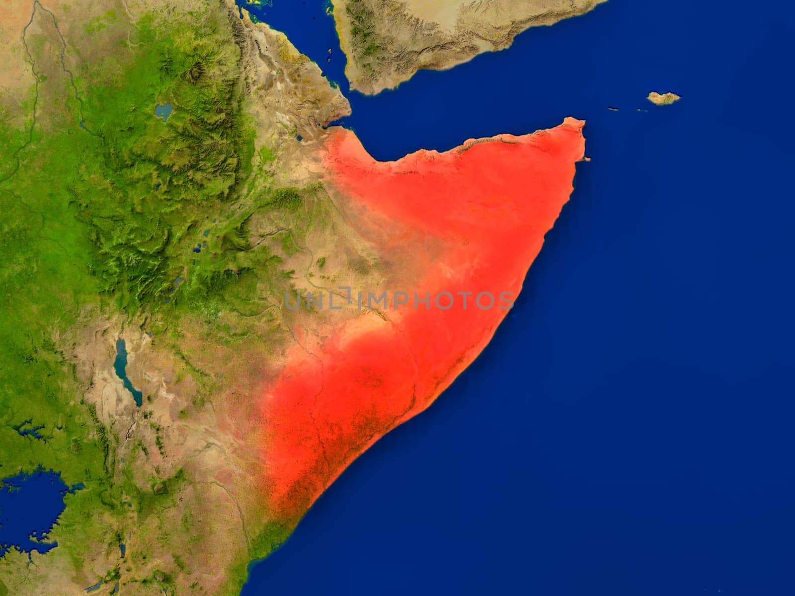 Top-down view of Somalia hightlighted in red as seen from Earth's orbit in space. 3D illustration with highly detailed realistic planet surface. Elements of this image furnished by NASA.