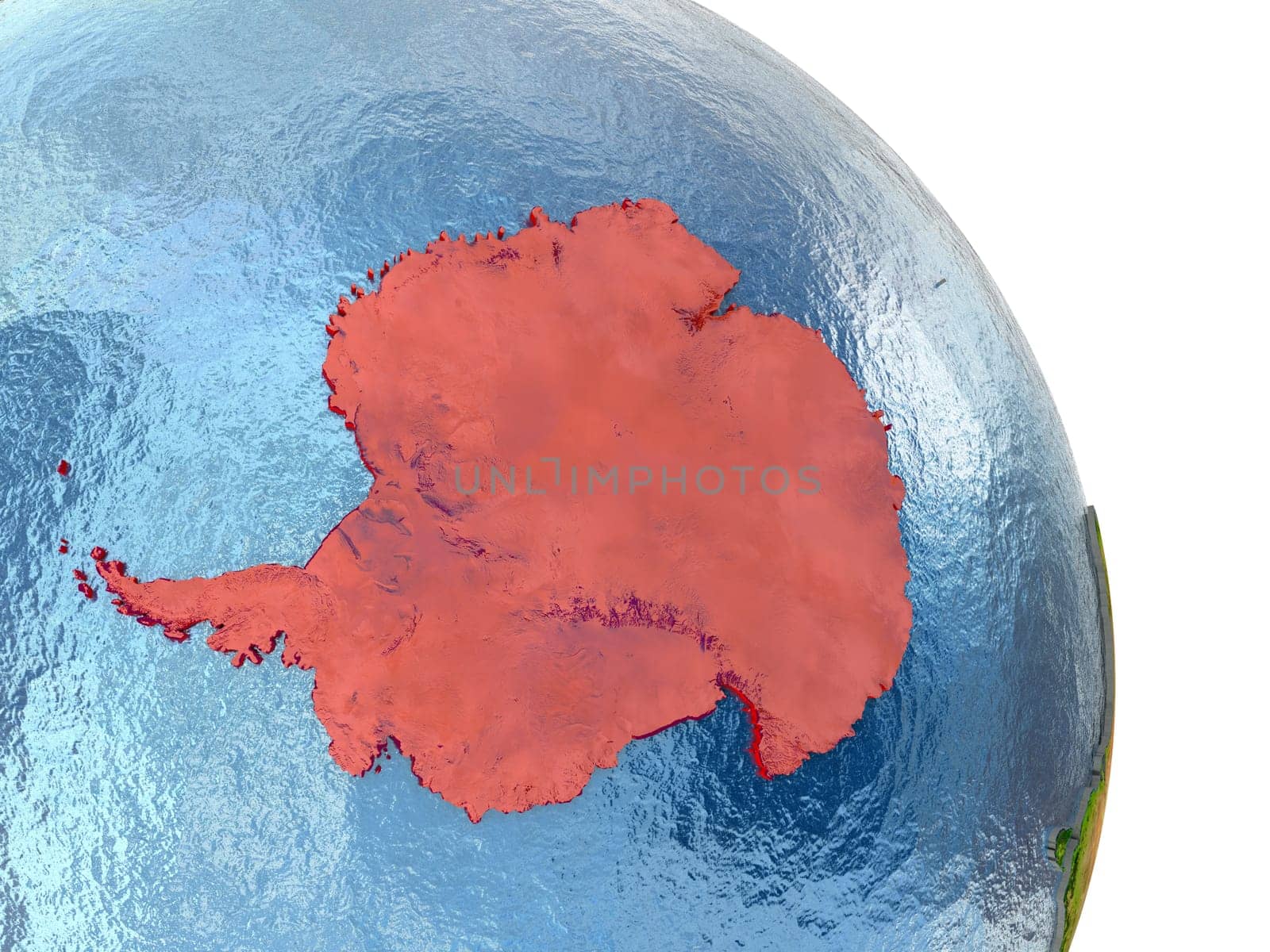 Antarctica in red with surrounding region. 3D illustration with highly detailed realistic planet surface. Elements of this image furnished by NASA.
