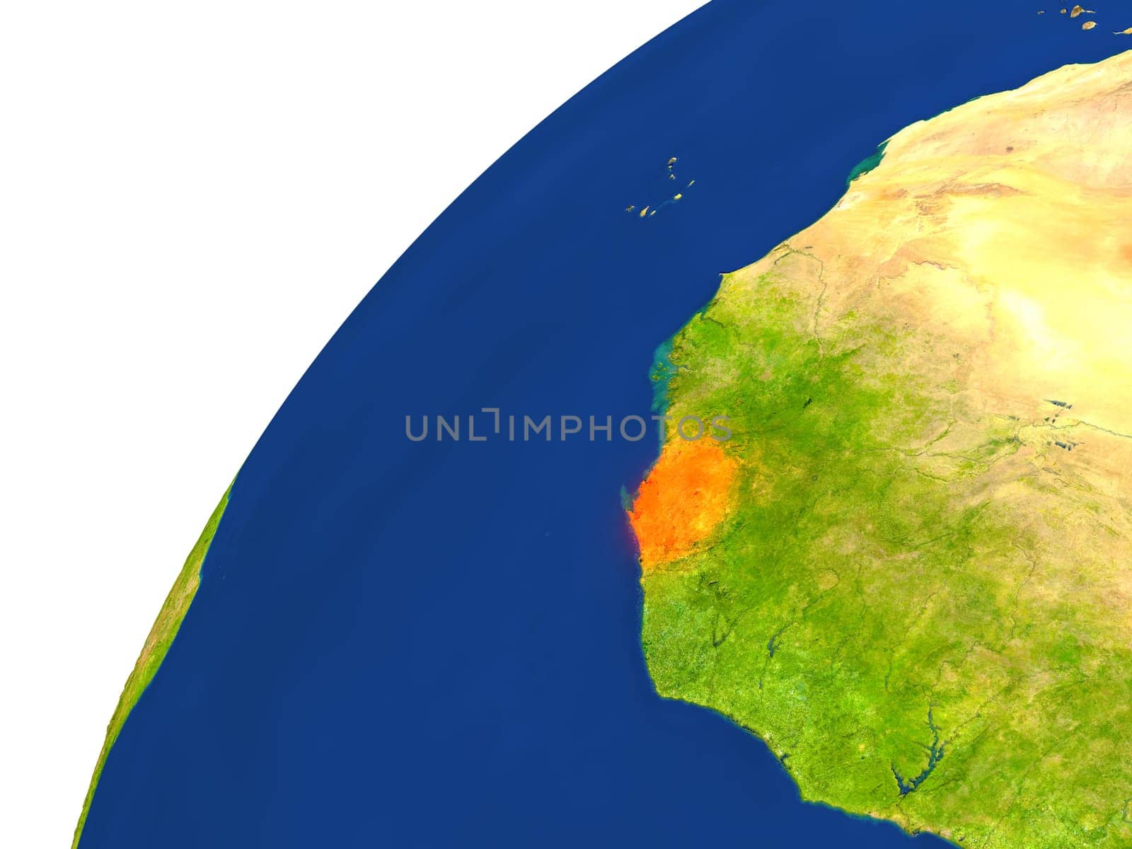 Sierra Leone highlighted in red as seen from Earth's orbit in space. 3D illustration with highly detailed realistic planet surface. Elements of this image furnished by NASA.