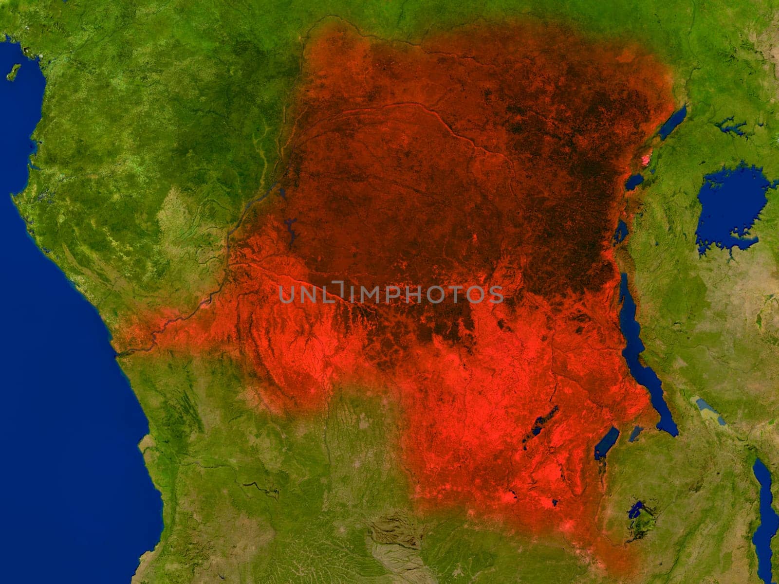 Top-down view of Democratic Republic of Congo hightlighted in red as seen from Earth's orbit in space. 3D illustration with highly detailed realistic planet surface. Elements of this image furnished by NASA.