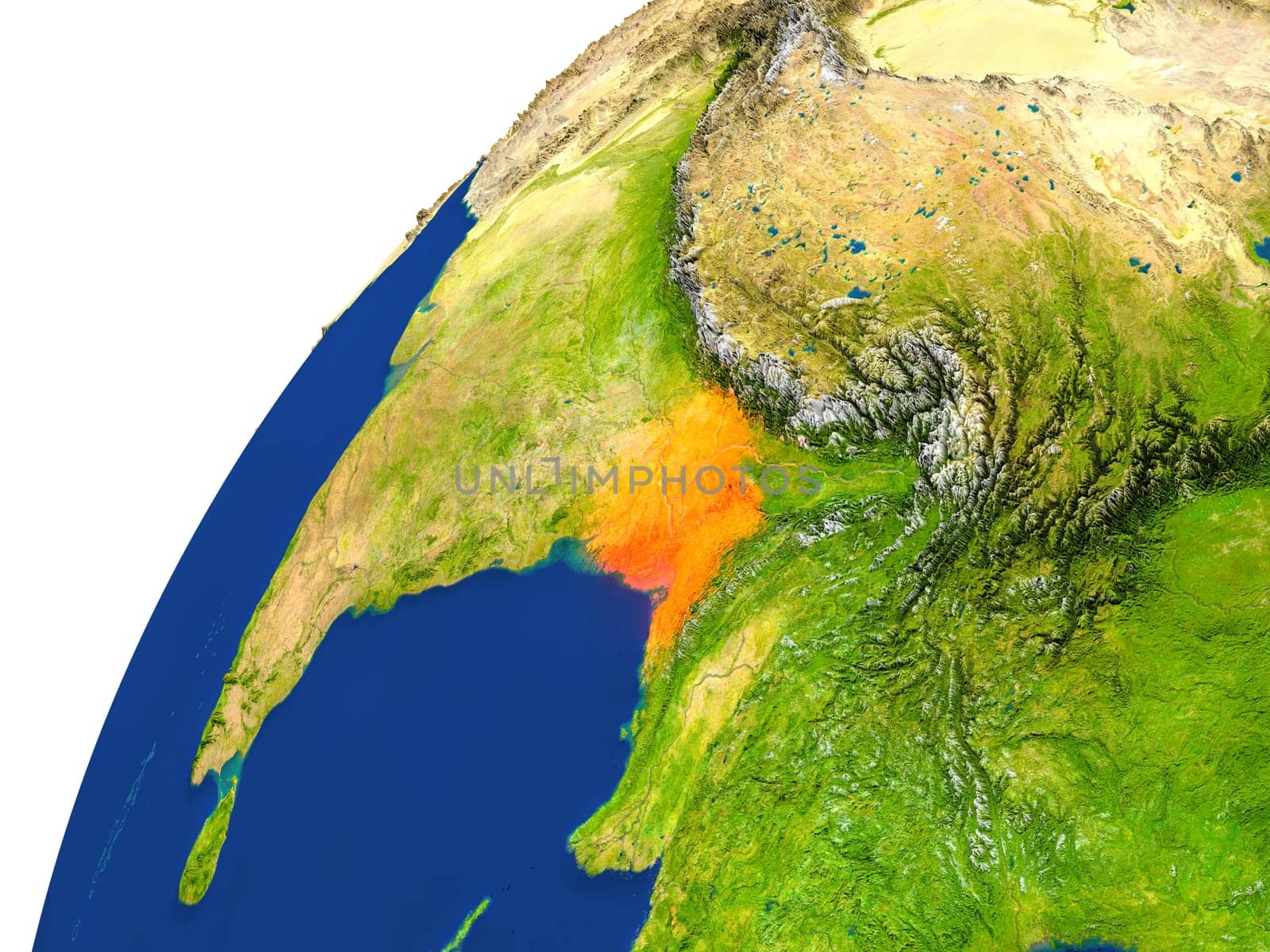 Bangladesh highlighted in red as seen from Earth's orbit in space. 3D illustration with highly detailed realistic planet surface. Elements of this image furnished by NASA.