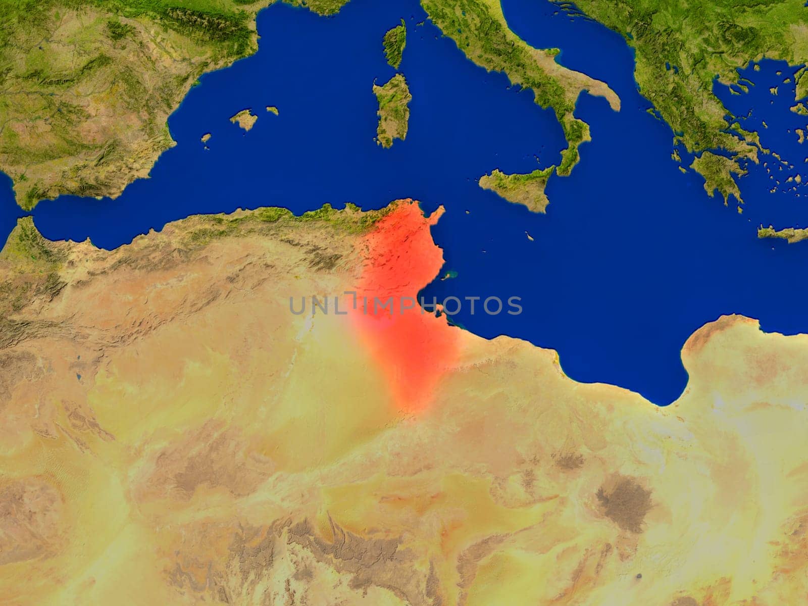 Top-down view of Tunisia hightlighted in red as seen from Earth's orbit in space. 3D illustration with highly detailed realistic planet surface. Elements of this image furnished by NASA.