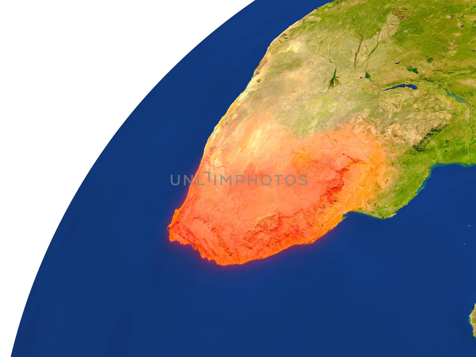 South Africa highlighted in red as seen from Earth's orbit in space. 3D illustration with highly detailed realistic planet surface. Elements of this image furnished by NASA.