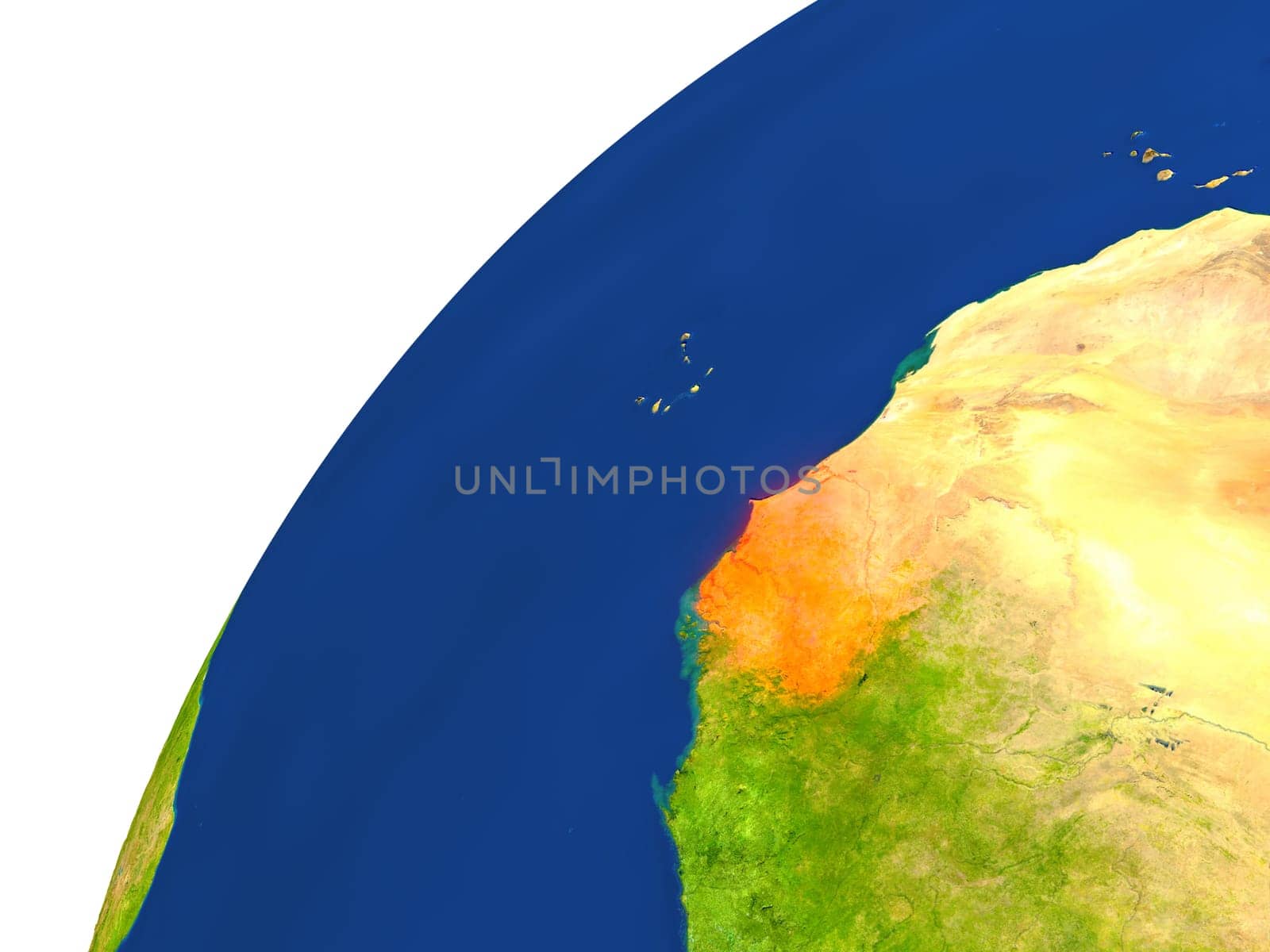Senegal highlighted in red as seen from Earth's orbit in space. 3D illustration with highly detailed realistic planet surface. Elements of this image furnished by NASA.