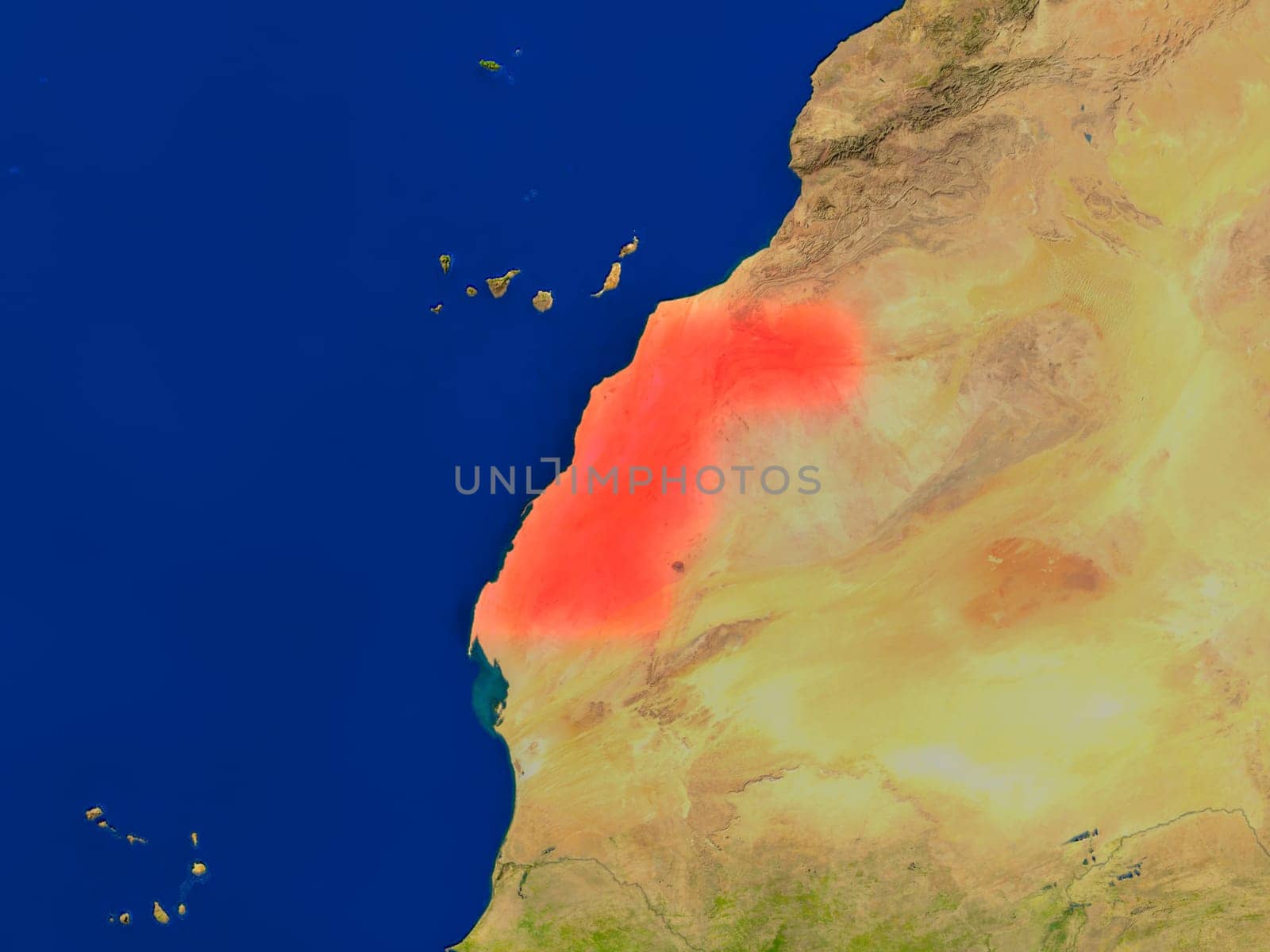 Top-down view of Western Sahara hightlighted in red as seen from Earth's orbit in space. 3D illustration with highly detailed realistic planet surface. Elements of this image furnished by NASA.