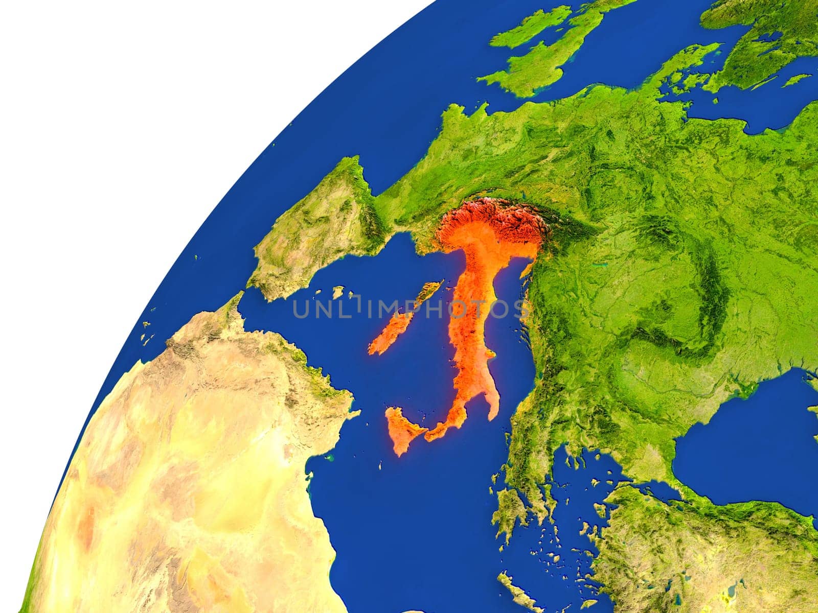 Italy highlighted in red as seen from Earth's orbit in space. 3D illustration with highly detailed realistic planet surface. Elements of this image furnished by NASA.