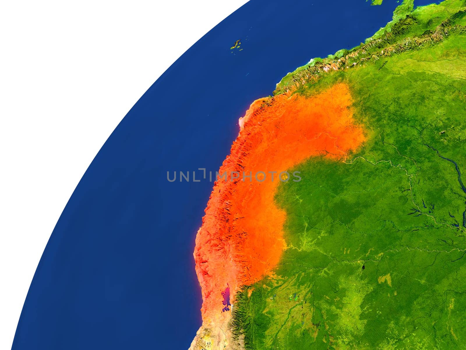 Peru highlighted in red as seen from Earth's orbit in space. 3D illustration with highly detailed realistic planet surface. Elements of this image furnished by NASA.