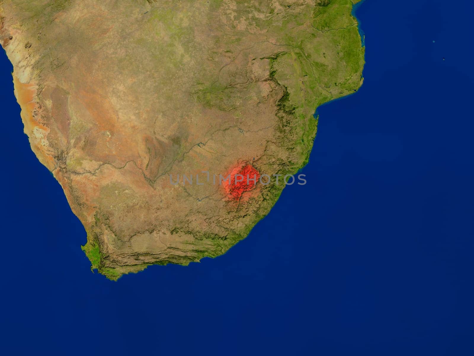 Top-down view of Lesotho hightlighted in red as seen from Earth's orbit in space. 3D illustration with highly detailed realistic planet surface. Elements of this image furnished by NASA.