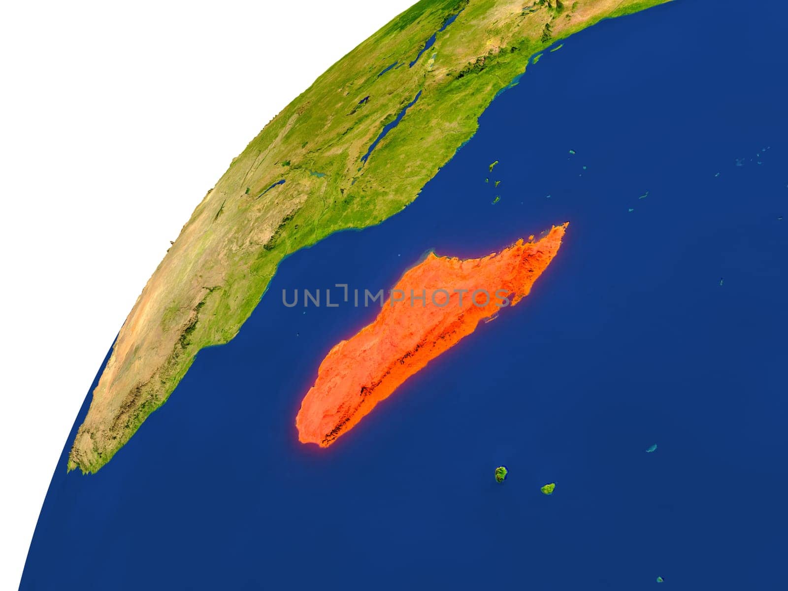 Madagascar highlighted in red as seen from Earth's orbit in space. 3D illustration with highly detailed realistic planet surface. Elements of this image furnished by NASA.