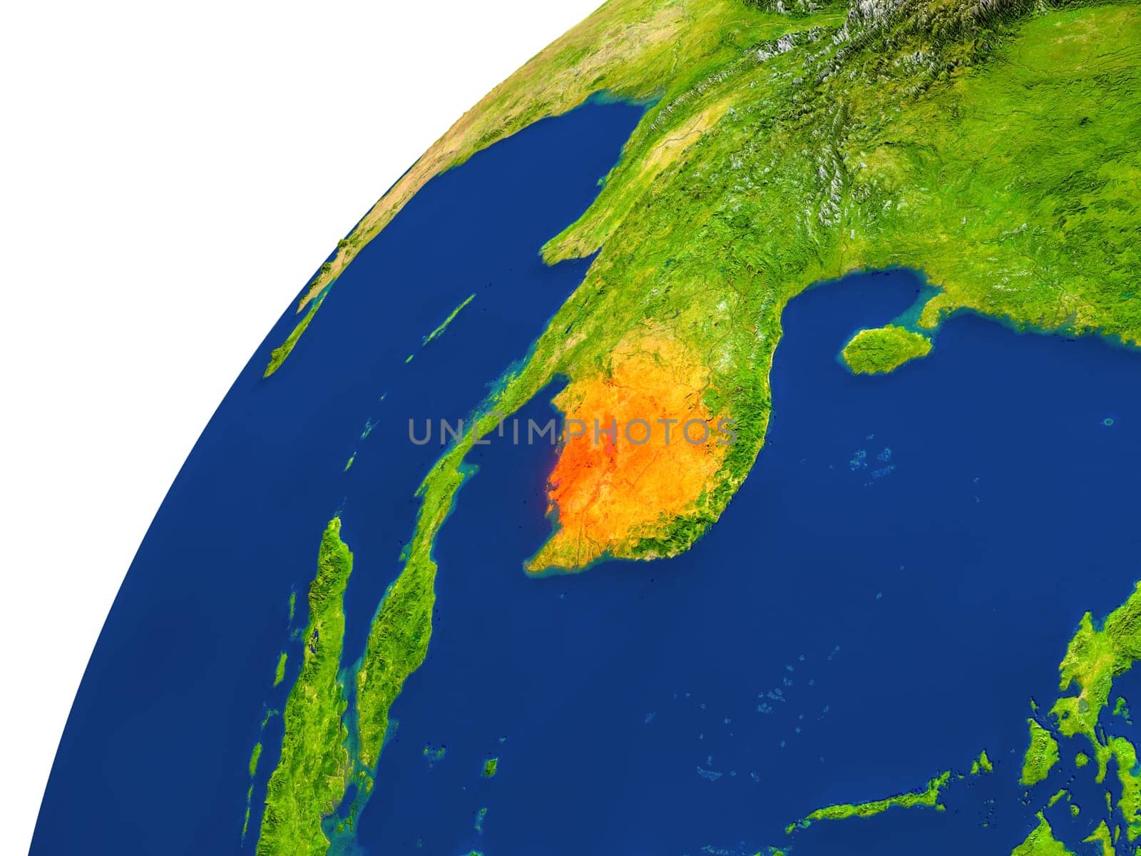 Cambodia highlighted in red as seen from Earth's orbit in space. 3D illustration with highly detailed realistic planet surface. Elements of this image furnished by NASA.