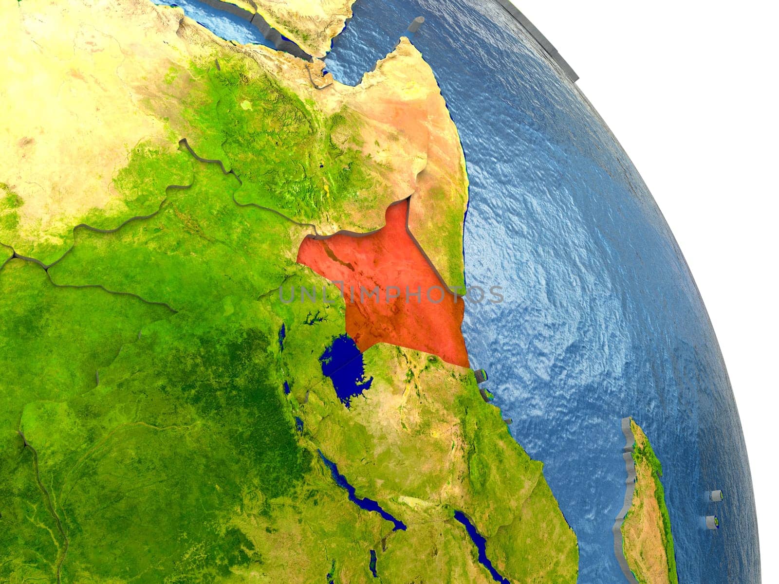 Kenya in red with surrounding region. 3D illustration with highly detailed realistic planet surface. Elements of this image furnished by NASA.