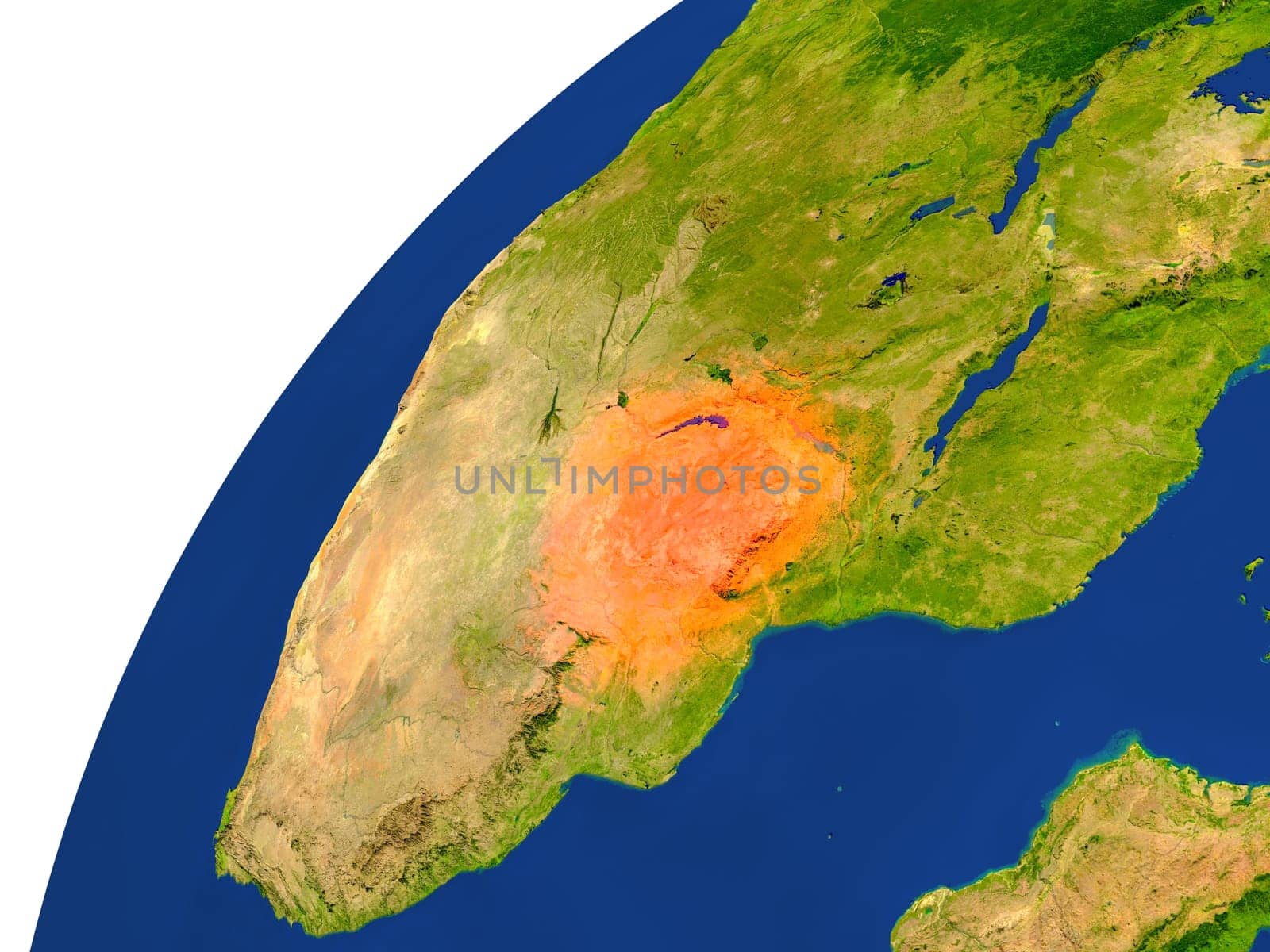 Zimbabwe highlighted in red as seen from Earth's orbit in space. 3D illustration with highly detailed realistic planet surface. Elements of this image furnished by NASA.