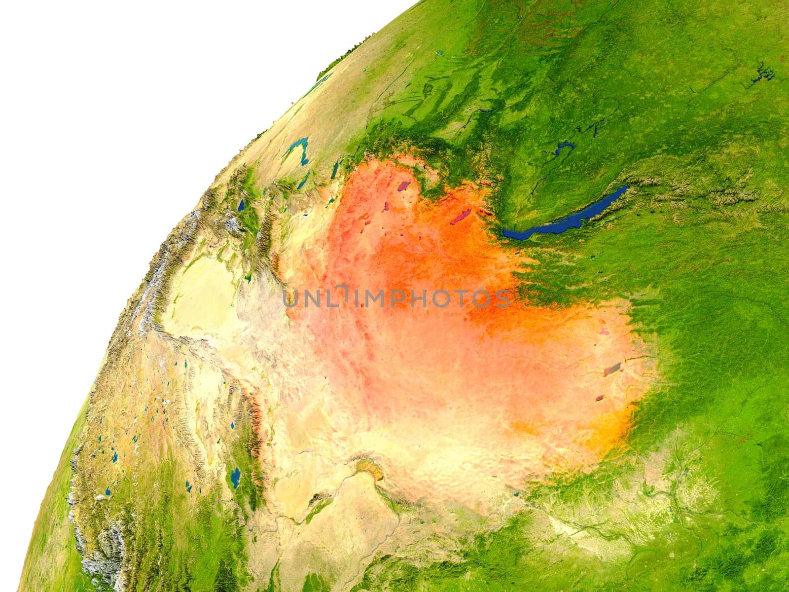 Mongolia highlighted in red as seen from Earth's orbit in space. 3D illustration with highly detailed realistic planet surface. Elements of this image furnished by NASA.