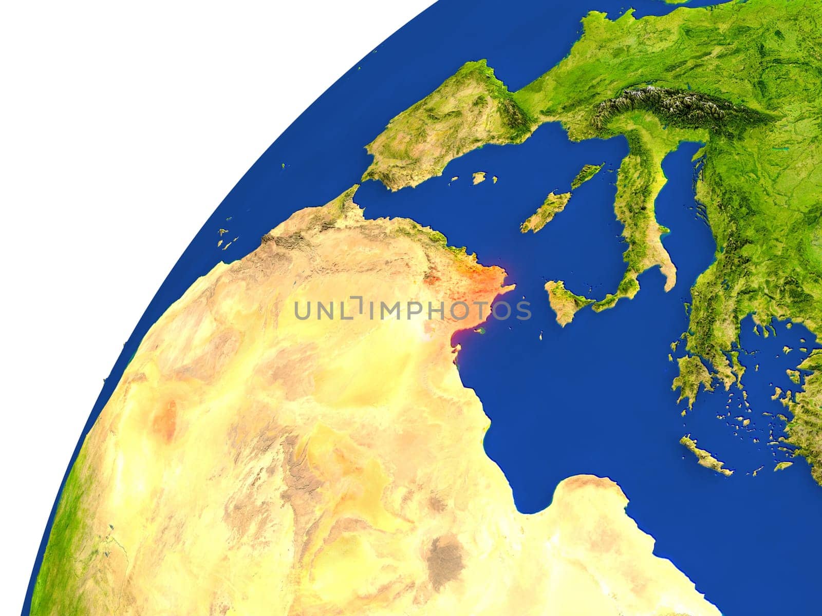 Tunisia highlighted in red as seen from Earth's orbit in space. 3D illustration with highly detailed realistic planet surface. Elements of this image furnished by NASA.
