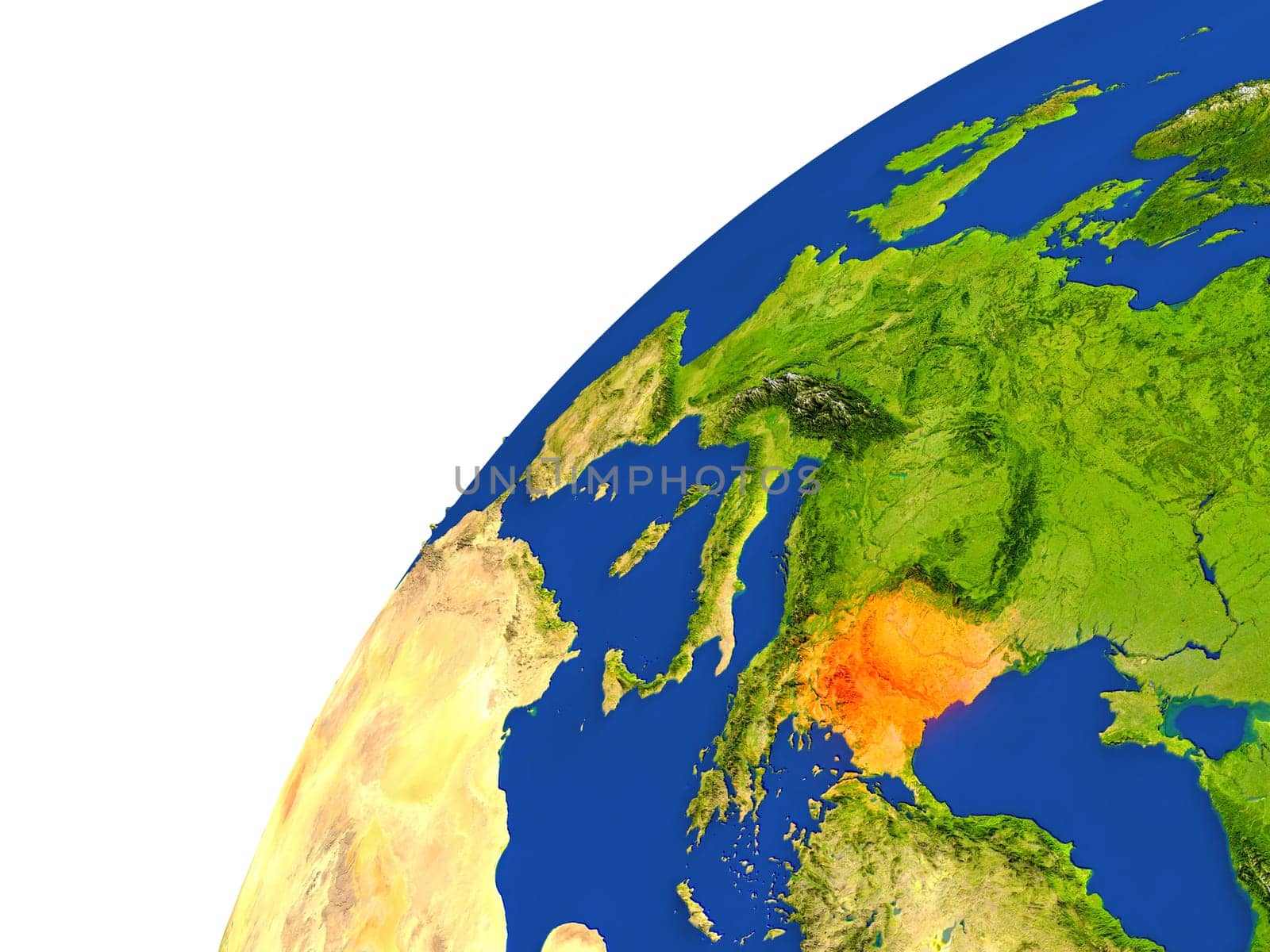 Bulgaria highlighted in red as seen from Earth's orbit in space. 3D illustration with highly detailed realistic planet surface. Elements of this image furnished by NASA.