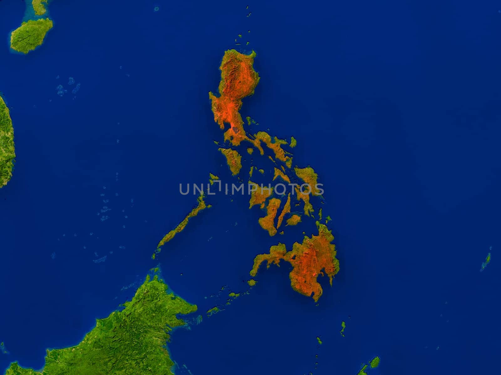 Top-down view of Philippines hightlighted in red as seen from Earth's orbit in space. 3D illustration with highly detailed realistic planet surface. Elements of this image furnished by NASA.