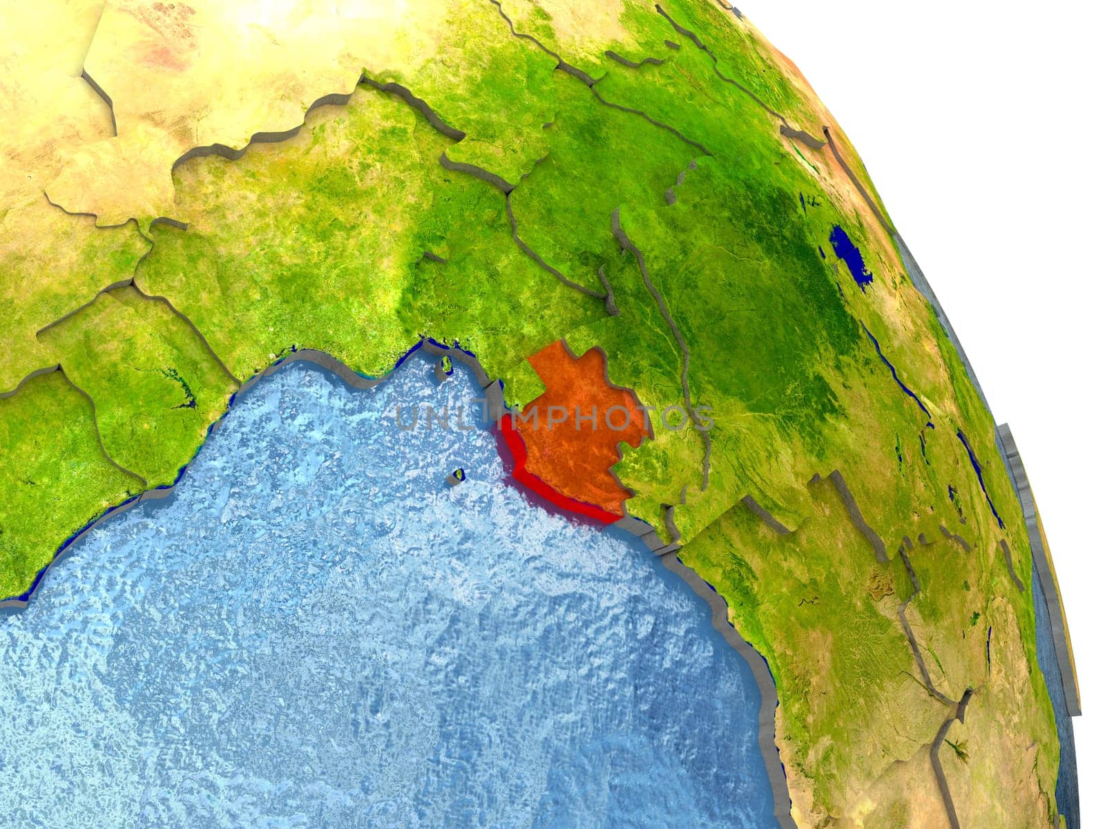 Gabon in red with surrounding region. 3D illustration with highly detailed realistic planet surface. Elements of this image furnished by NASA.