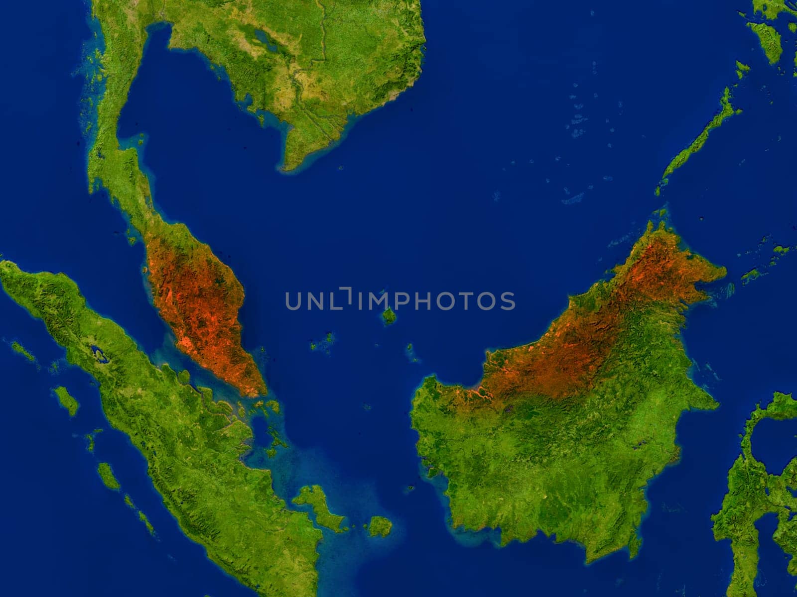 Top-down view of Malaysia hightlighted in red as seen from Earth's orbit in space. 3D illustration with highly detailed realistic planet surface. Elements of this image furnished by NASA.