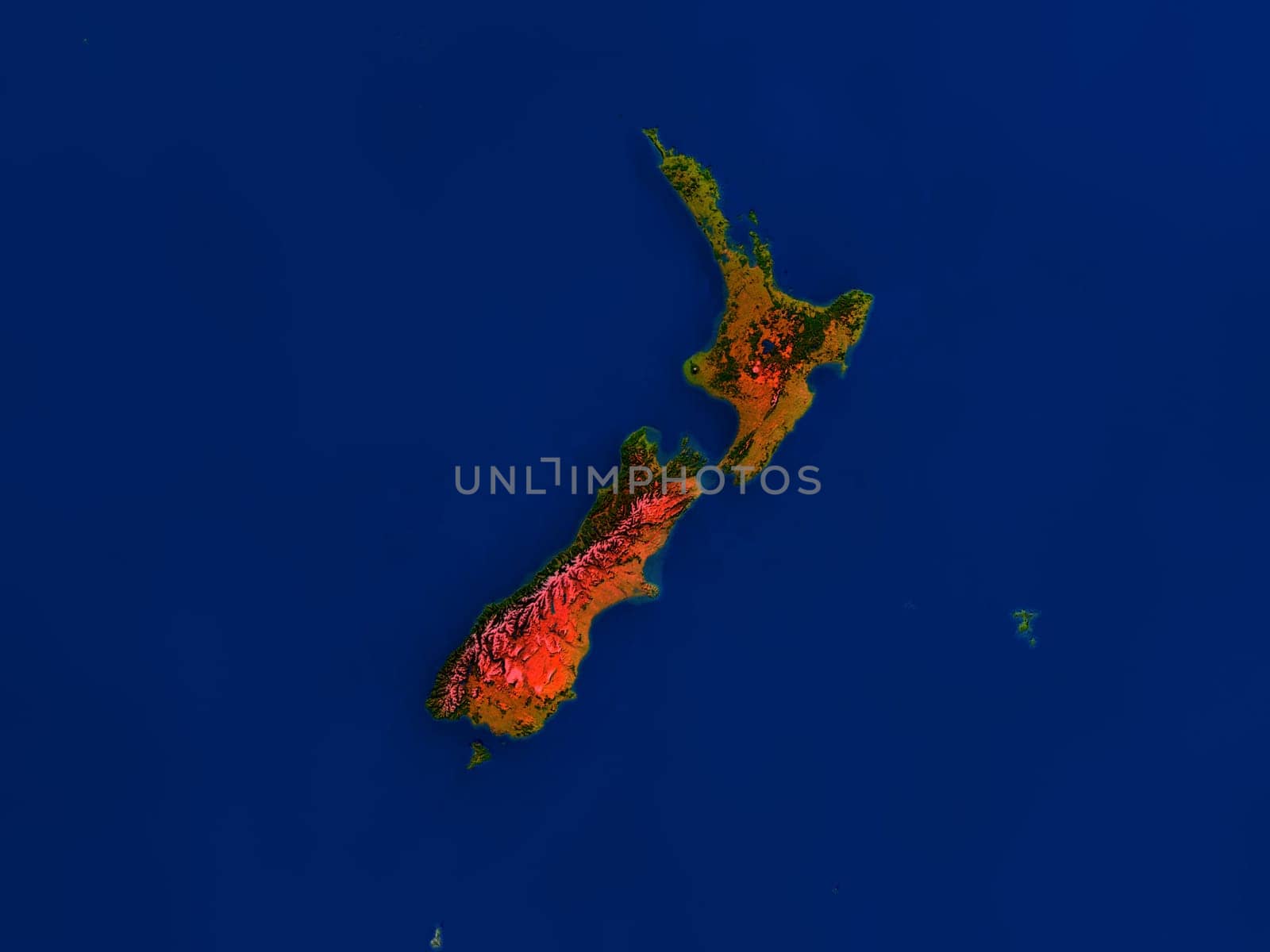 Top-down view of New Zealand hightlighted in red as seen from Earth's orbit in space. 3D illustration with highly detailed realistic planet surface. Elements of this image furnished by NASA.