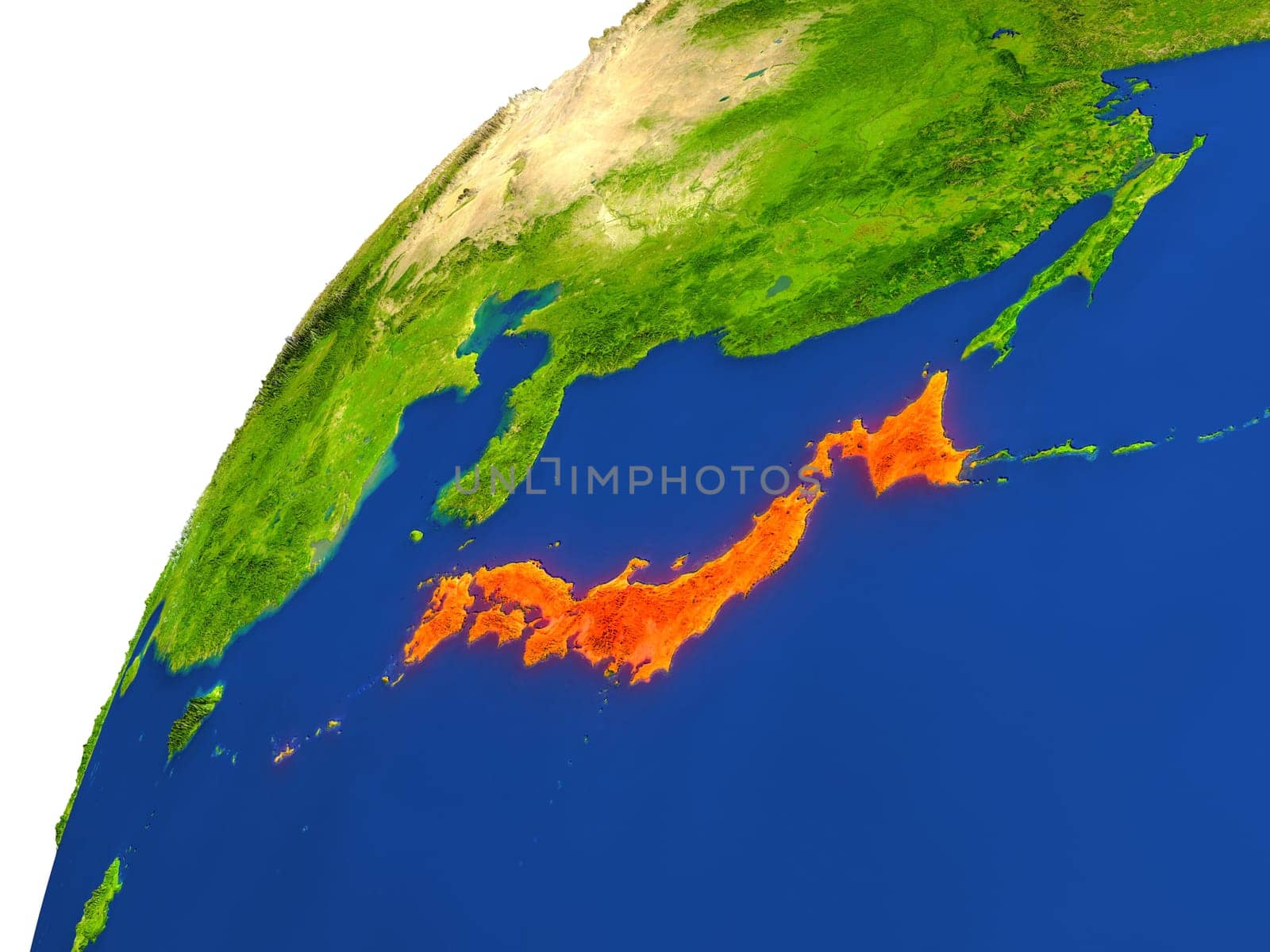 Japan highlighted in red as seen from Earth's orbit in space. 3D illustration with highly detailed realistic planet surface. Elements of this image furnished by NASA.