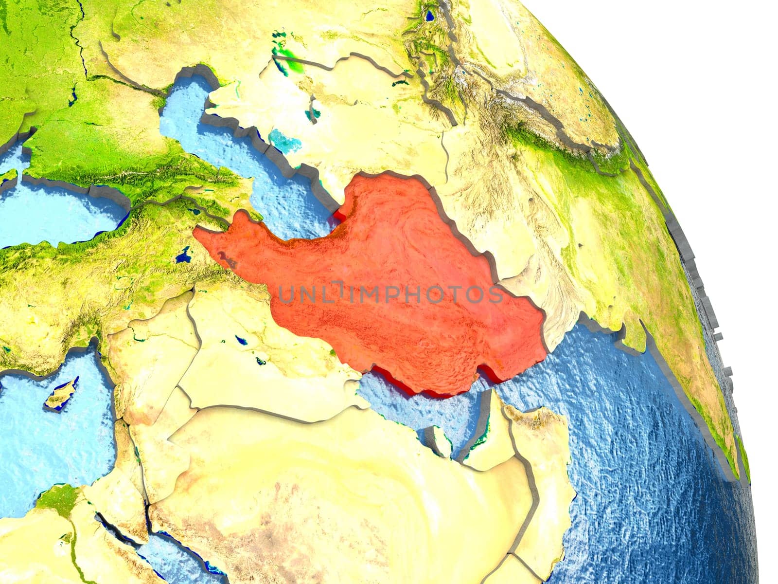 Iran in red with surrounding region. 3D illustration with highly detailed realistic planet surface. Elements of this image furnished by NASA.