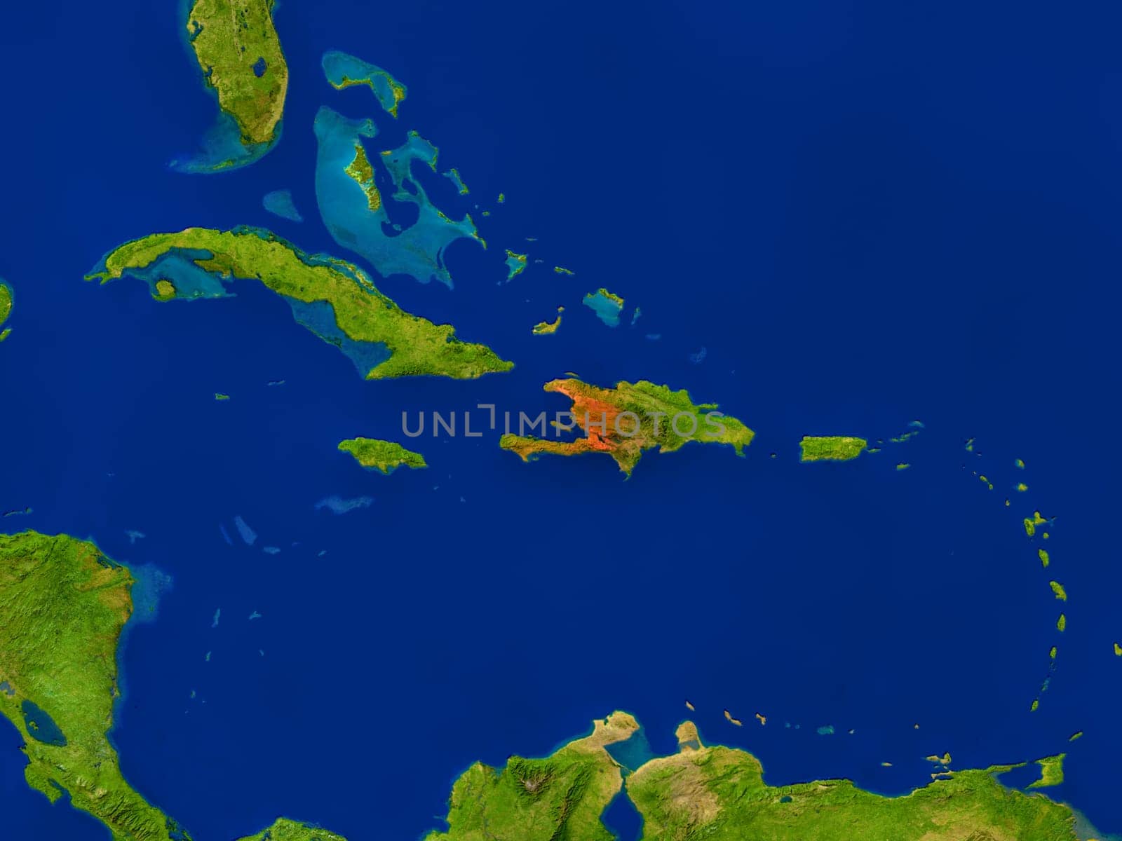 Top-down view of Haiti hightlighted in red as seen from Earth's orbit in space. 3D illustration with highly detailed realistic planet surface. Elements of this image furnished by NASA.