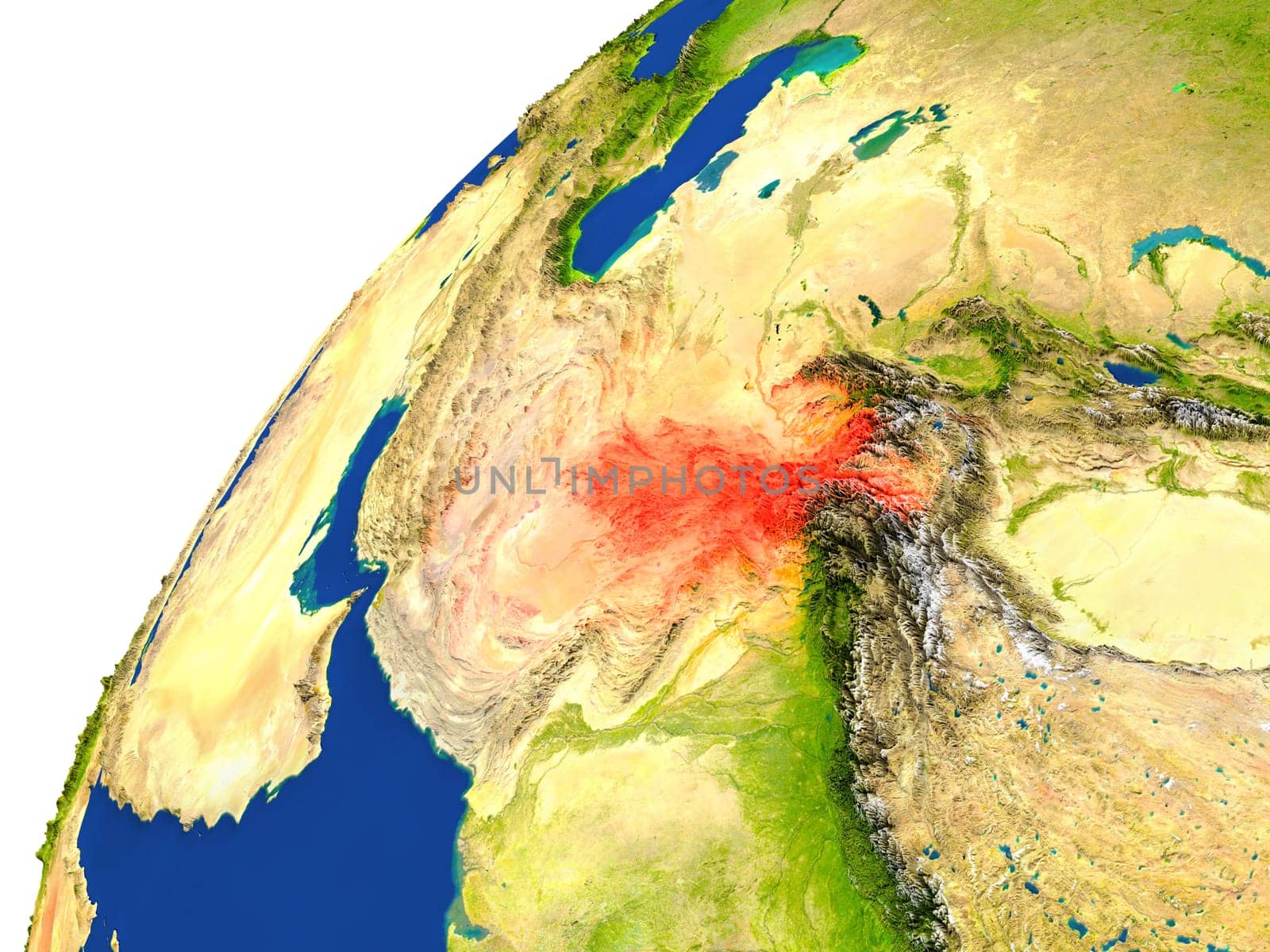 Afghanistan highlighted in red as seen from Earth's orbit in space. 3D illustration with highly detailed realistic planet surface. Elements of this image furnished by NASA.