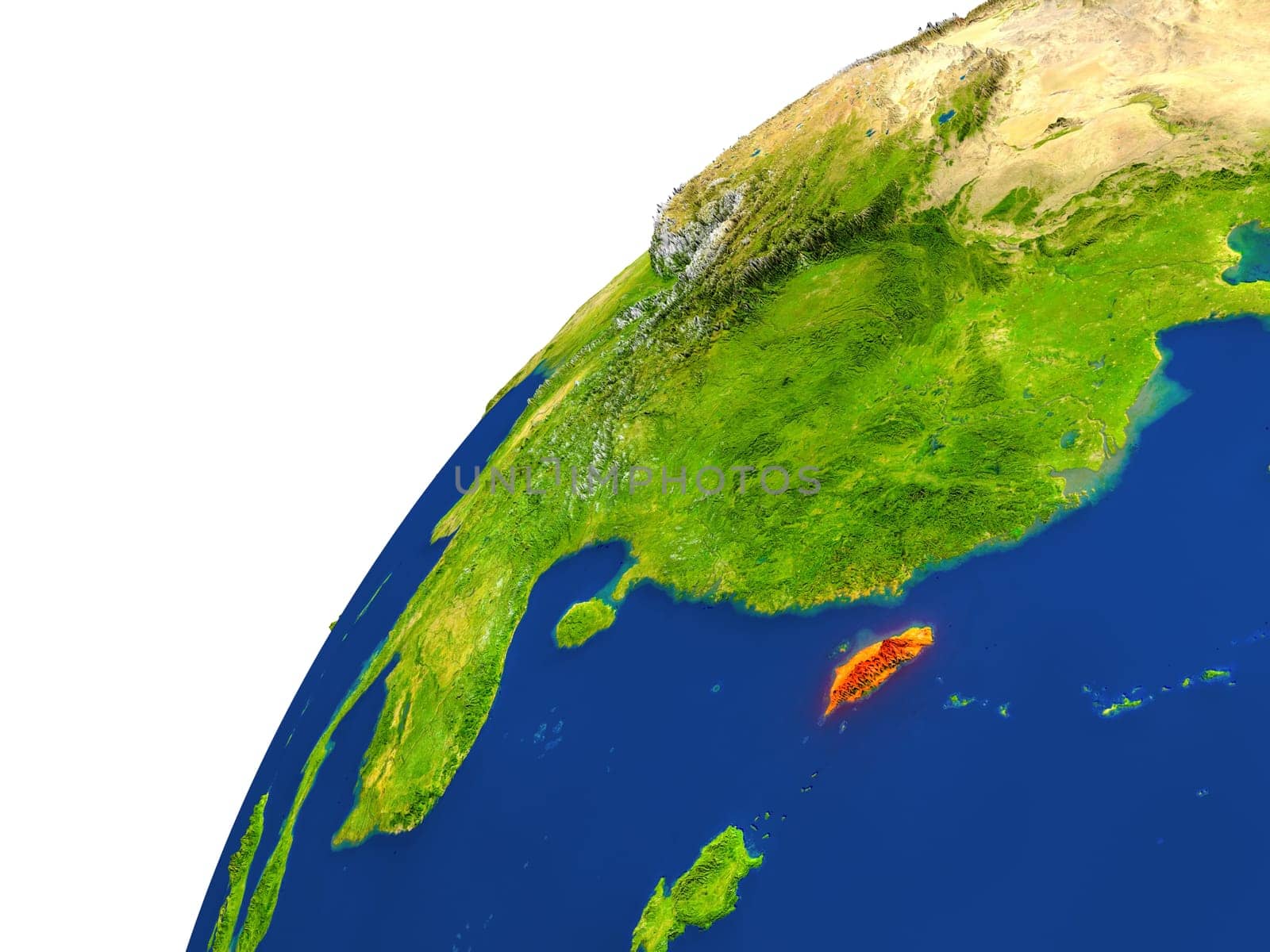 Taiwan highlighted in red as seen from Earth's orbit in space. 3D illustration with highly detailed realistic planet surface. Elements of this image furnished by NASA.