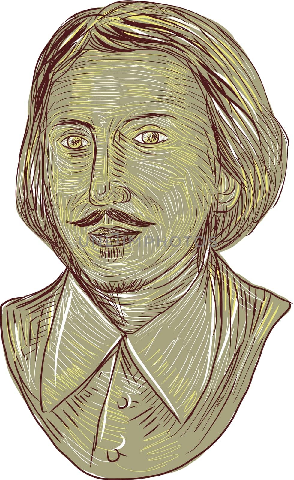 Drawing sketch style illustration of Christopher Marlowe, also known as Kit Marlowe, an English playwright, poet and translator of the Elizabethan era bust viewed from front set on isolated white background.