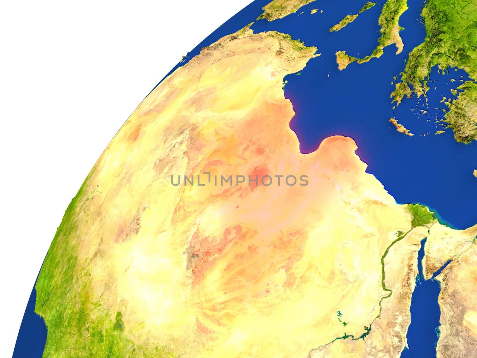Libya highlighted in red as seen from Earth's orbit in space. 3D illustration with highly detailed realistic planet surface. Elements of this image furnished by NASA.