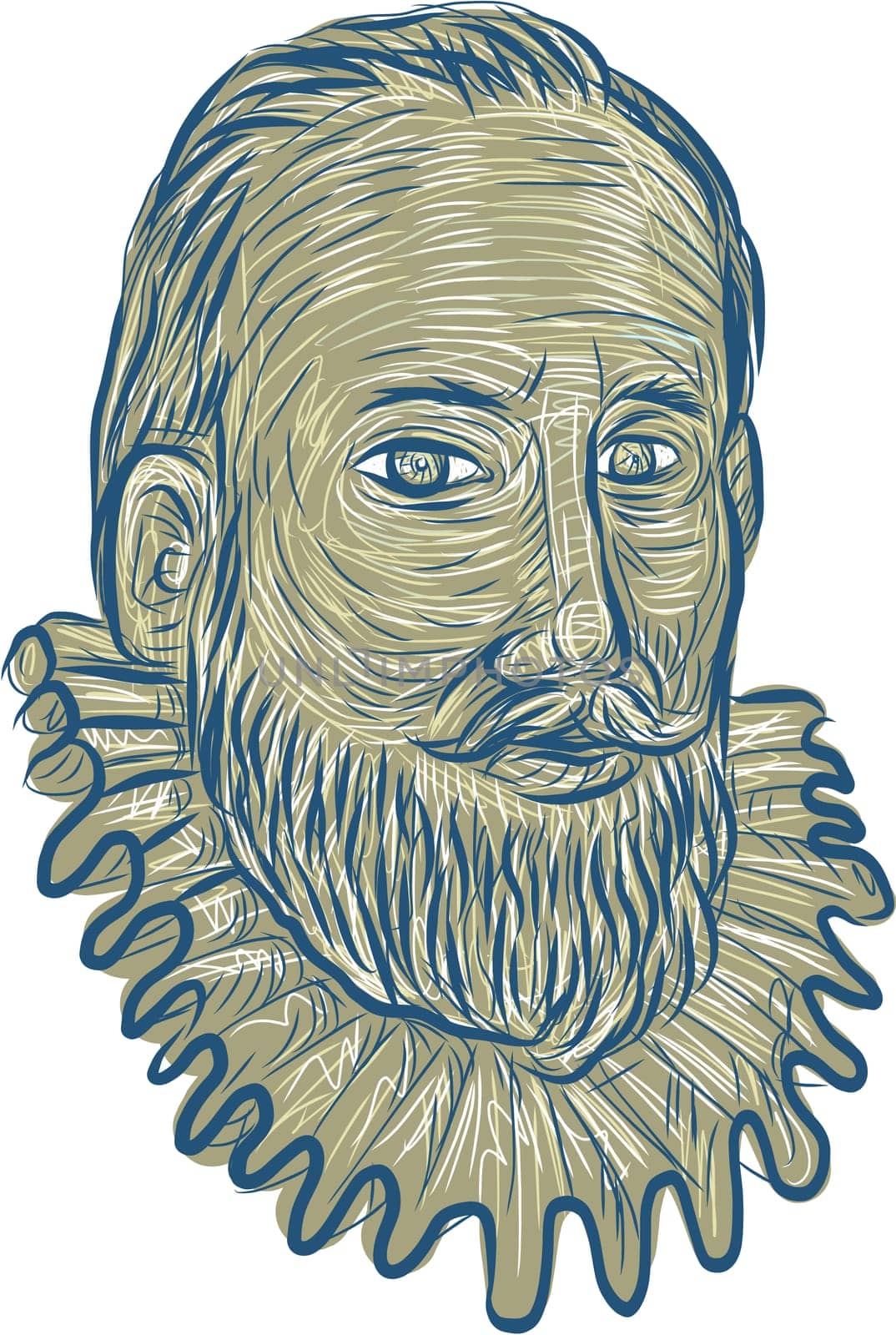 Drawing sketch style illustrationm of bust of Sir Walter Raleigh, an English landed gentleman, writer, poet, soldier, politician, courtier, spy and explorer bust viewed from front set on isolated white background.
